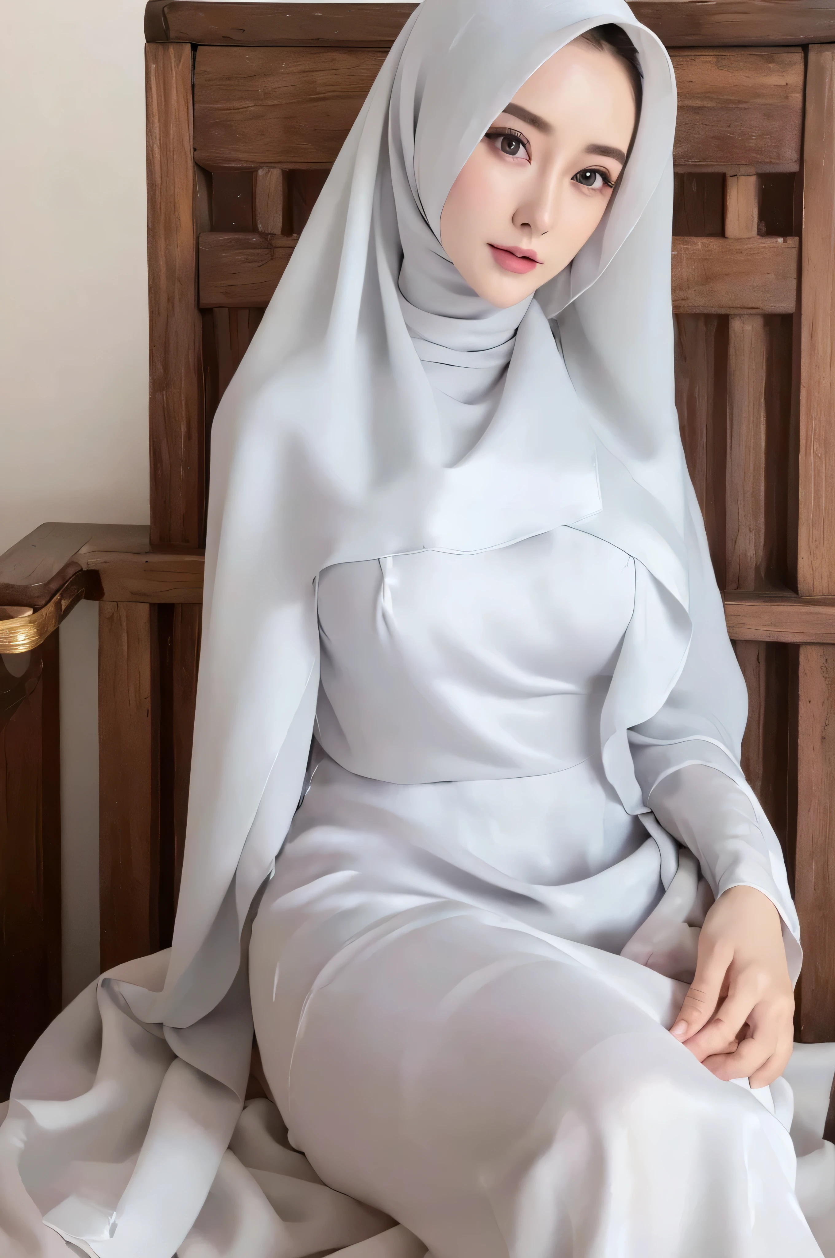 Marian Rivera, 30 years old , ((ideal breast:1.4)), full body shot, sitting on rottan hanging chair, beautiful young lady, Nikon Z 85mm, ((best quality)) ((masterpiece)), intricate detail, sharp focus, professional, realistic, real life, hyperreal, photorealistic, fine detail, best quality, very Detailed CG unity 8k wallpaper, perfect artwork, Full body, shiny hair, glowing eyes, shiny skin, realistic, perfect female hourglass figure, thin waist, wide buttocks, looking at viewer, extremely delicate and beautiful, best quality, beautiful detail girl, beautiful eye detail, face lighting, film lighting, perspective, revealing buttocks, perfect collarbone, golden ratio face, realistic facial expression, (exquisite detail, makeup, (exquisite beautiful exquisite face, delicate and beautiful eyes, a face with perfect proportions, high-detailed skin,((wearing silk silver white grey long closed Aodai with closed hijab)), ((no exposed breast)), ((gold embrodery detailed clothes)), brown hair, luxury hotel bedroom.