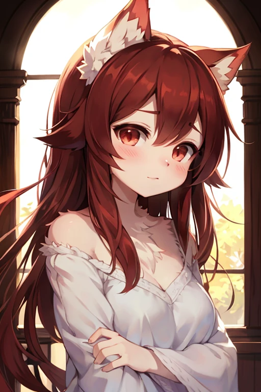 Hairy hair,white fur,super cute face,fur red elements,beautiful light and shadow,ambient light,Very fine fur,volume light,one girl, anime