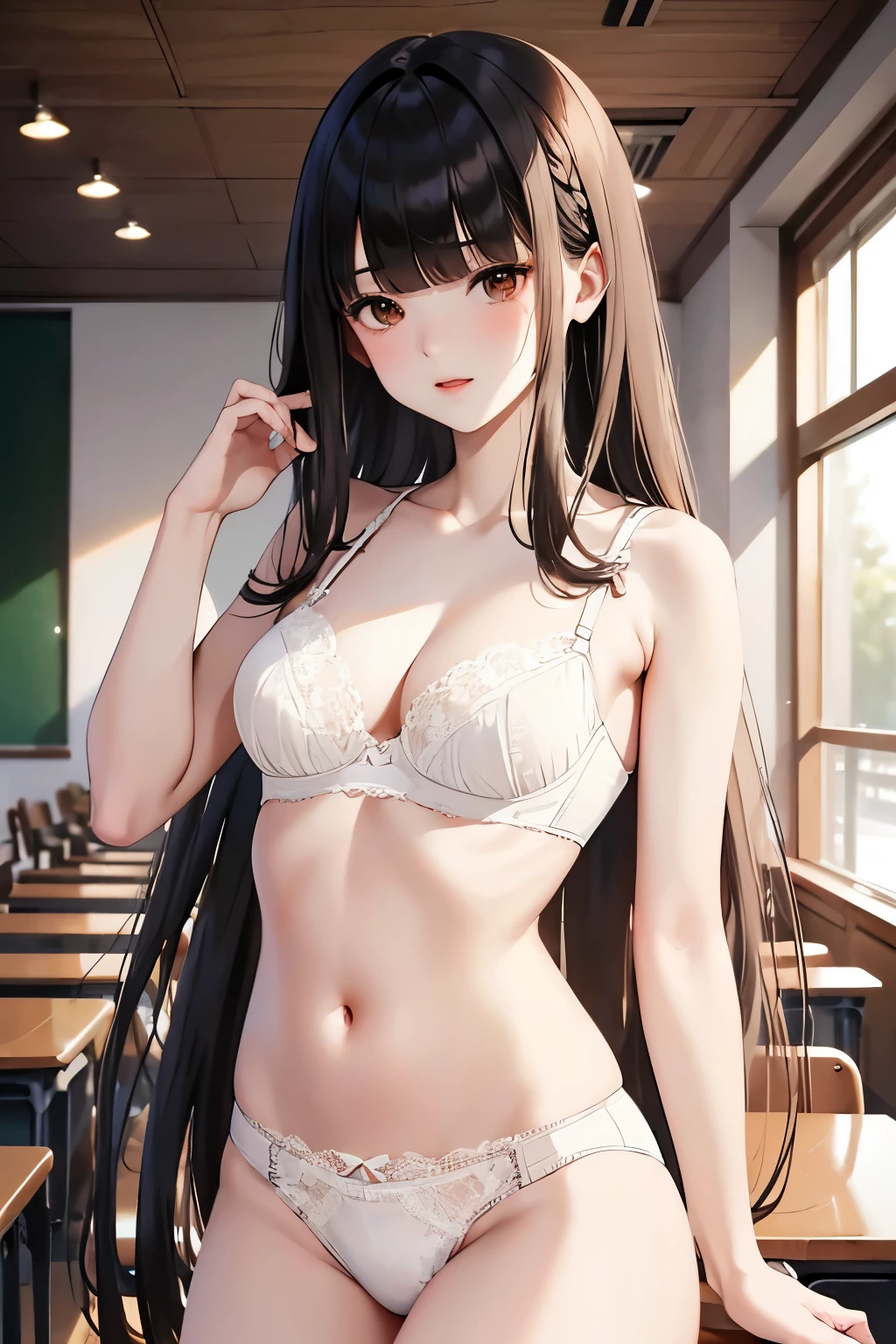 best quality, highres,Slender、brown eyes、tall、(bangs bangs:1.5)、long hair,straight hair、classroom、18-year-old、(white lace bra:1.5)、(white lace panties:1.5)、(black hair:1.5) 、8 life size