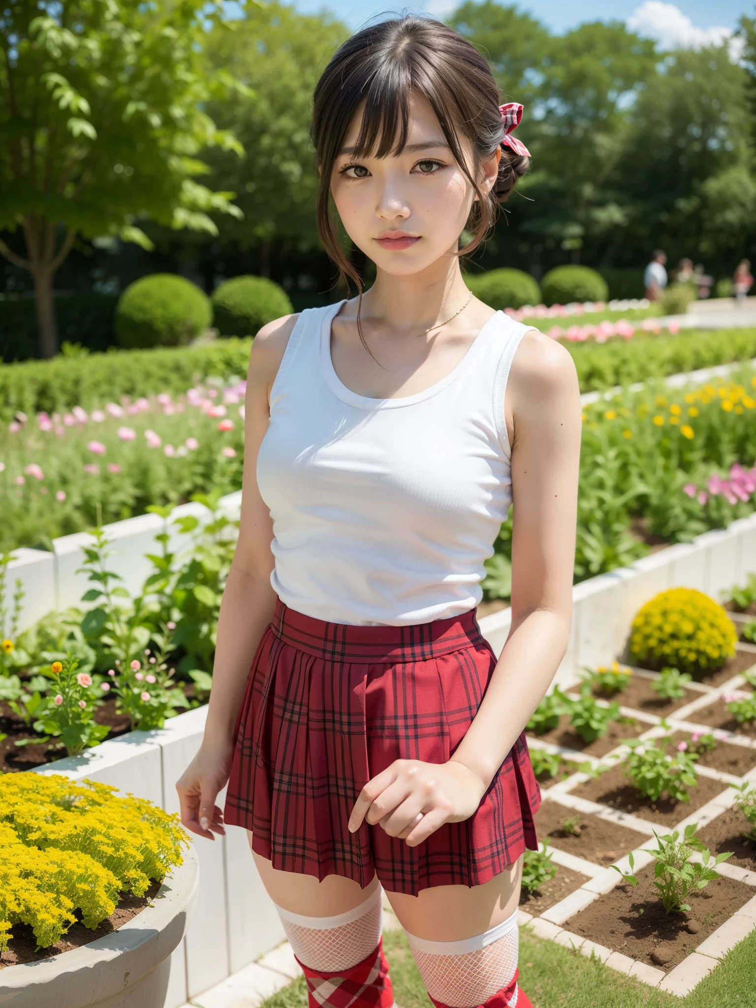((Best of the highest quality, 8k, Masterpiece: 1.3, raw photo)), Sharp focus: 1.2, (1 AESPA girl: 1.1), (Solo: 1.18), (realistic, photo-realistic:1.37), face focus, cute face, finely eyes, (Small breasts, flat chest: 1.3), (white sleeveless shirt, ribbon, Short skirt with red plaid pattern, Fishnet tights: 1.4), short messy hair, updo, ((standing, garden: 1.32)