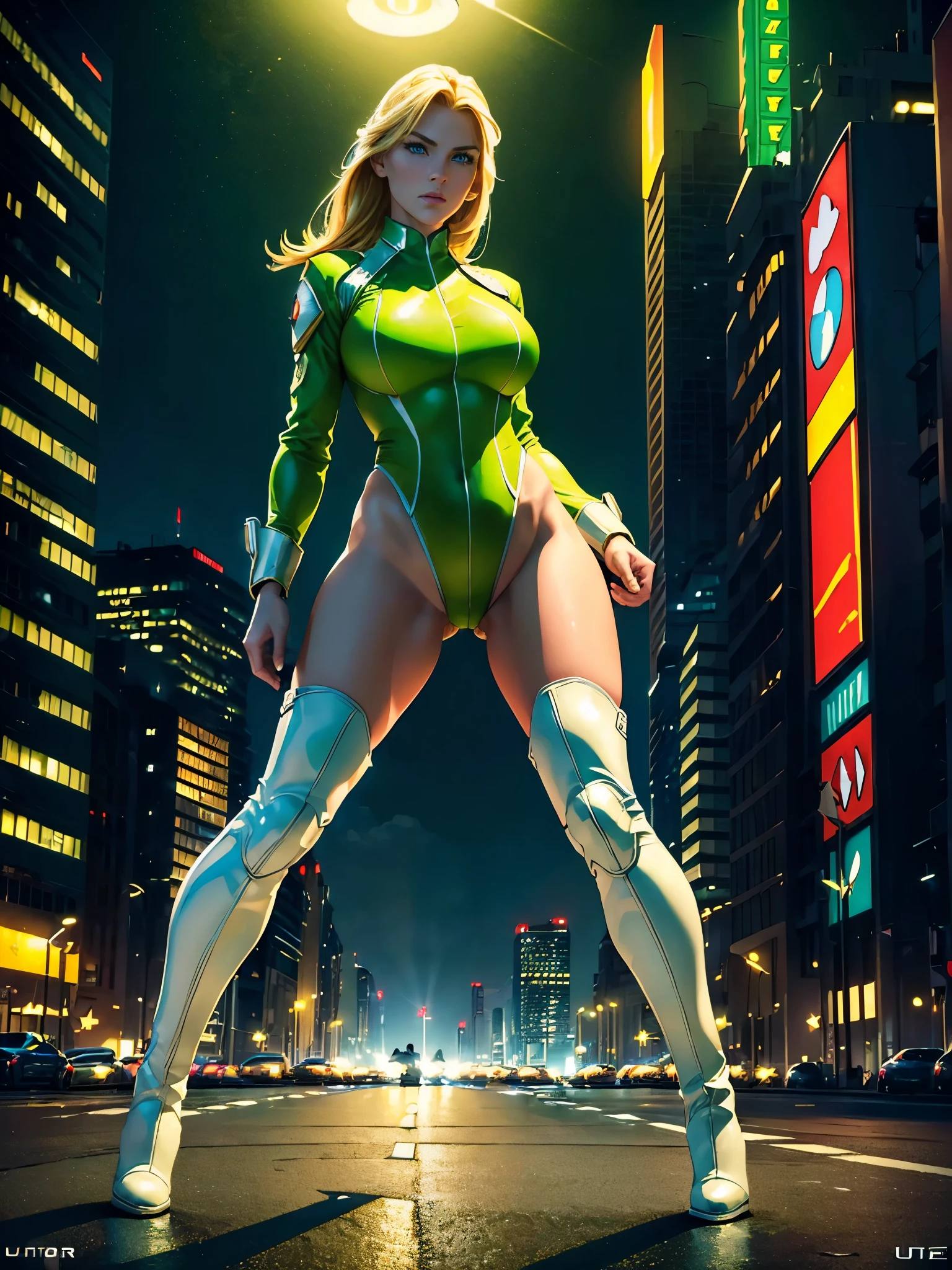 ((best quality)), ((masterpiece)), ((ultra realistic)), (dynamic heroic pose), american blonde, beautiful detailed face, detailed eyes, sexy us military officer, dressed in a green and white leotard, city backdrop, neon edge lighting, highly detailed, professional, bare legs, full body, medium hair, knee boots, long sleeves, standing