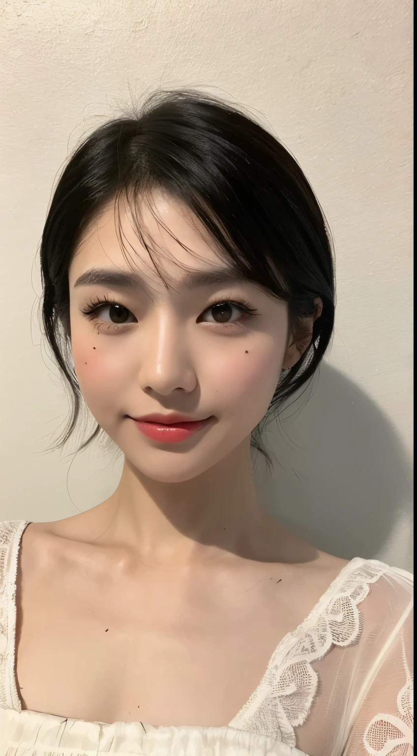 (Best quality, 8K, masterpiece:1.3)) , (one person: 1.4), 1girl, a Chinese woman, a goddess, 19 years old, portrait photography, high contrast, God perspective, aperture F1.2, close up, ( upper body: 1.2), smile, pose for photos, fine lace, slip dress, simple cut dress, white dress, off shoulder, simple cut, short black hair, super detailed skin details, detailed fabric texture