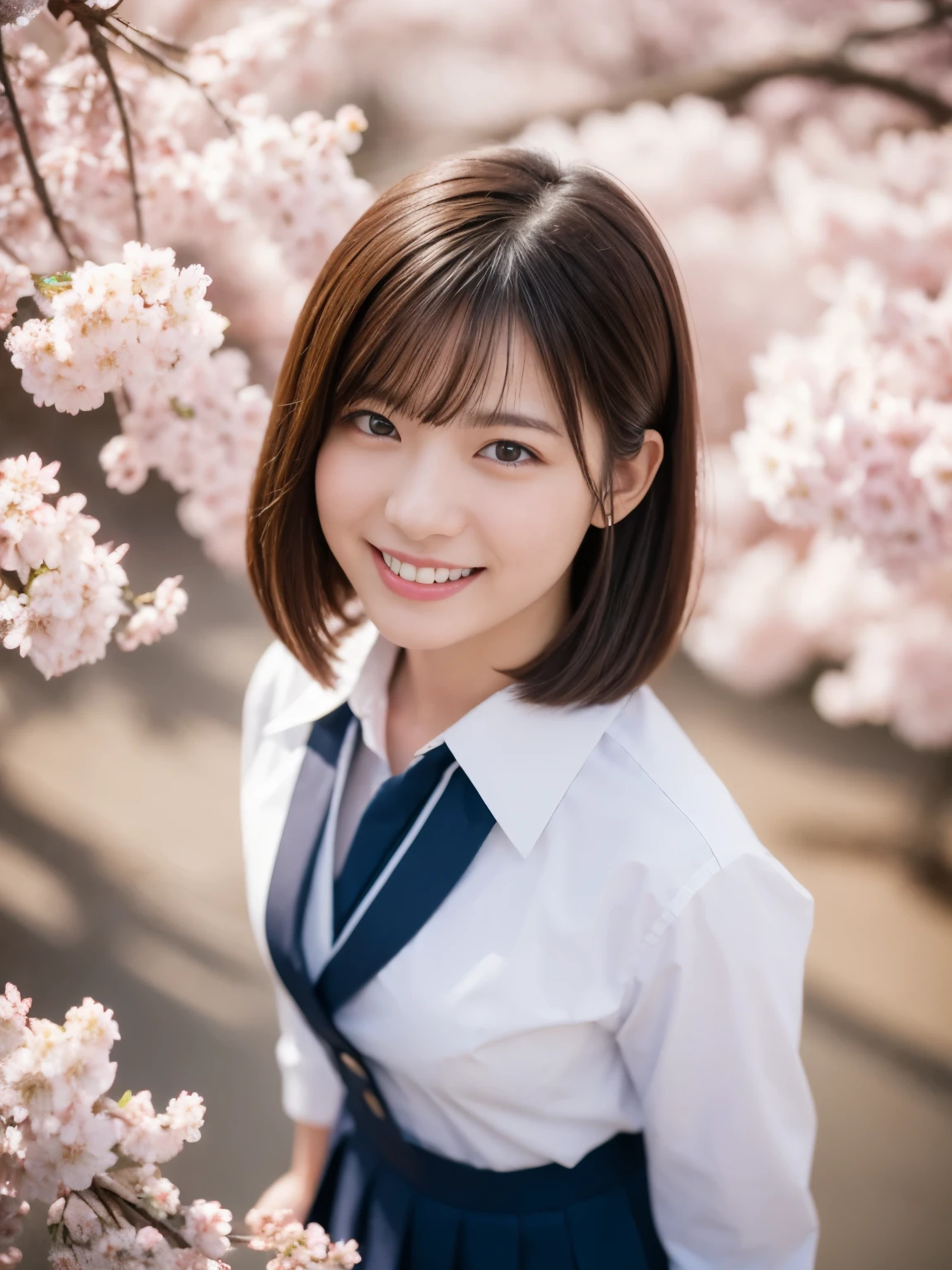 (highest quality,masterpiece:1.3,ultra high resolution),(Super detailed,caustics,8k),(realistic:1.4,RAW shooting),1 girl,(smile),(cherry blossomsを見上げる),18-year-old,cute,Japanese,Black short ponytail,(school uniform),glamorous,(big ),(face focus),street,cherry blossoms,Natural light,(Lens flare),professional writing,(cowboy shot),(bird'point of view:1.2),(high position:1.4),(high angle:1.4), Photoreal, 8k,  Beautiful woman, attractive look, short hair, 16 years old, Tokyo city, winter, With Shibuya in the background, Sunlight, Natural light, Place a reflector in front of the camera to brighten the photo, 