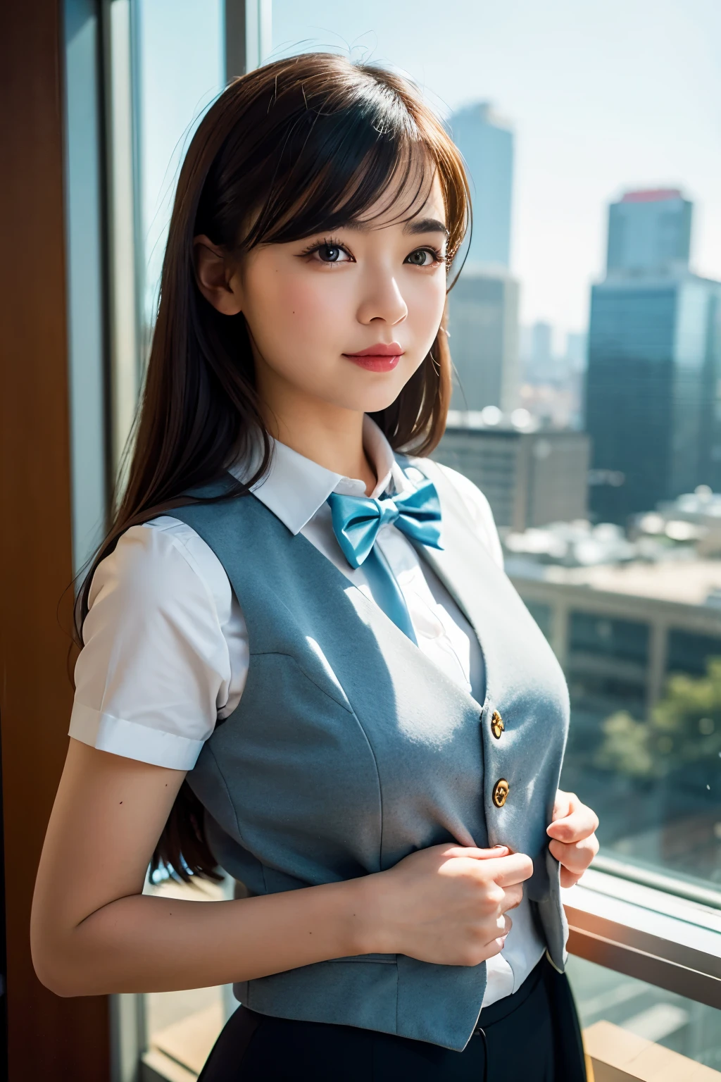 1girl, matured female, vest, bow, photo, realistic, best quality, hires, detailed face, office, buildings from window, detailed background, diffused sunlight, depth of field, bokeh