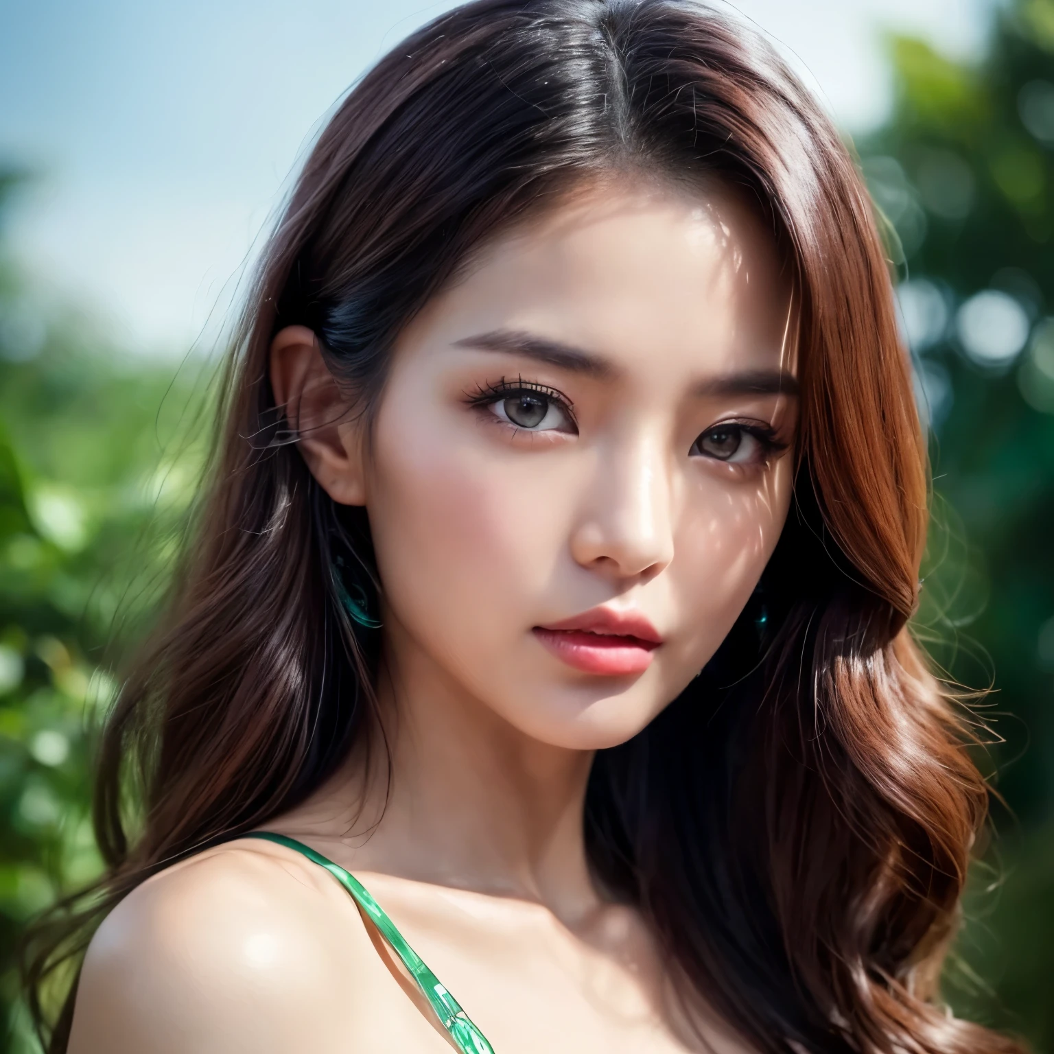 (A world-famous beauty model, 40 years old, (Eastern European:1.2), Diao Chan), (very elegant, beautiful and exotic face), (long beautiful wavy hair, light brown hair), ((emerald jewel like eyes:1.3), clear eyes, detailed eyes, bright pupils, (sexy thick lips:1.2), long beautiful upper eyelashes), close up of face, ((Best Quality, 8k, absurdres)), high-resolution RAW color photo pro photo, incredible high resolution, super detailed,
