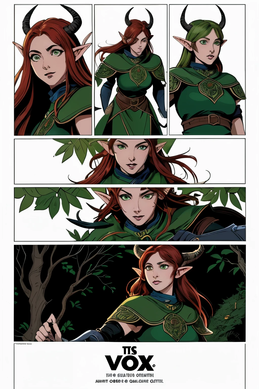 ((melhor qualidade)), ((obra de arte)), (detalhado), rosto perfeito This is a page taken from a comic book. Three-panel display. cinematic action drawn anime style of Vox machina, epic fight scene between a 20 year old woman elf female character, wearing armor of leaves, roots and bones, radiant green eyes like radioactive green, Celtic makeup, green around the eyes, eyes with green irises, long red hair, the body of an elven goddess, and a demon with horns. The Druid fends off the demon's claws, punches and kicks, illustration by Phil Bourassa - hyper contrast white background illustration by Phil Bourassa and art direction by Jim Lee - hyper contrast white background