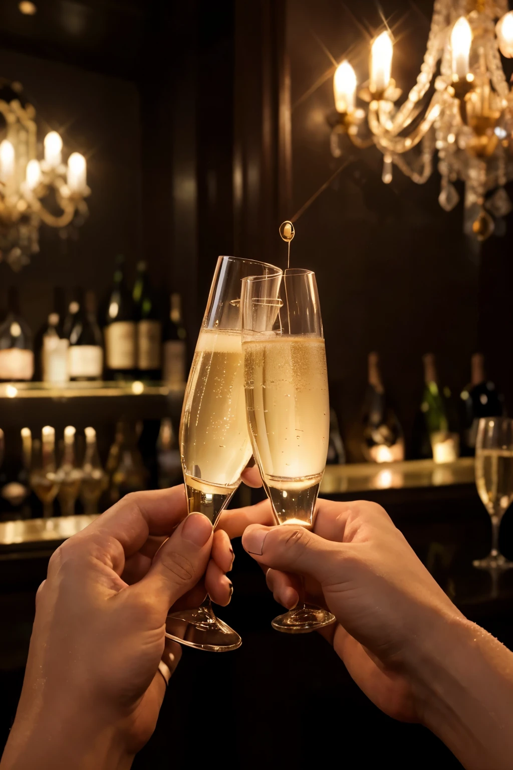 (best quality,highres),A pair of beautiful hands holding exquisite champagne flutes in a dimly lit bar,leading a toast (to life's moments in a),luxurious setting,(illuminated by delicate candlelight),(with a mesmerizing city skyline in the background). The hands are flawlessly manicured, with (perfectly shaped and polished nails),glowing in soft, warm tones. The champagne flutes are all the same size, elegant and sparkling, (exuding a sense of celebration and sophistication),(with delicate bubbles rising to the surface). 