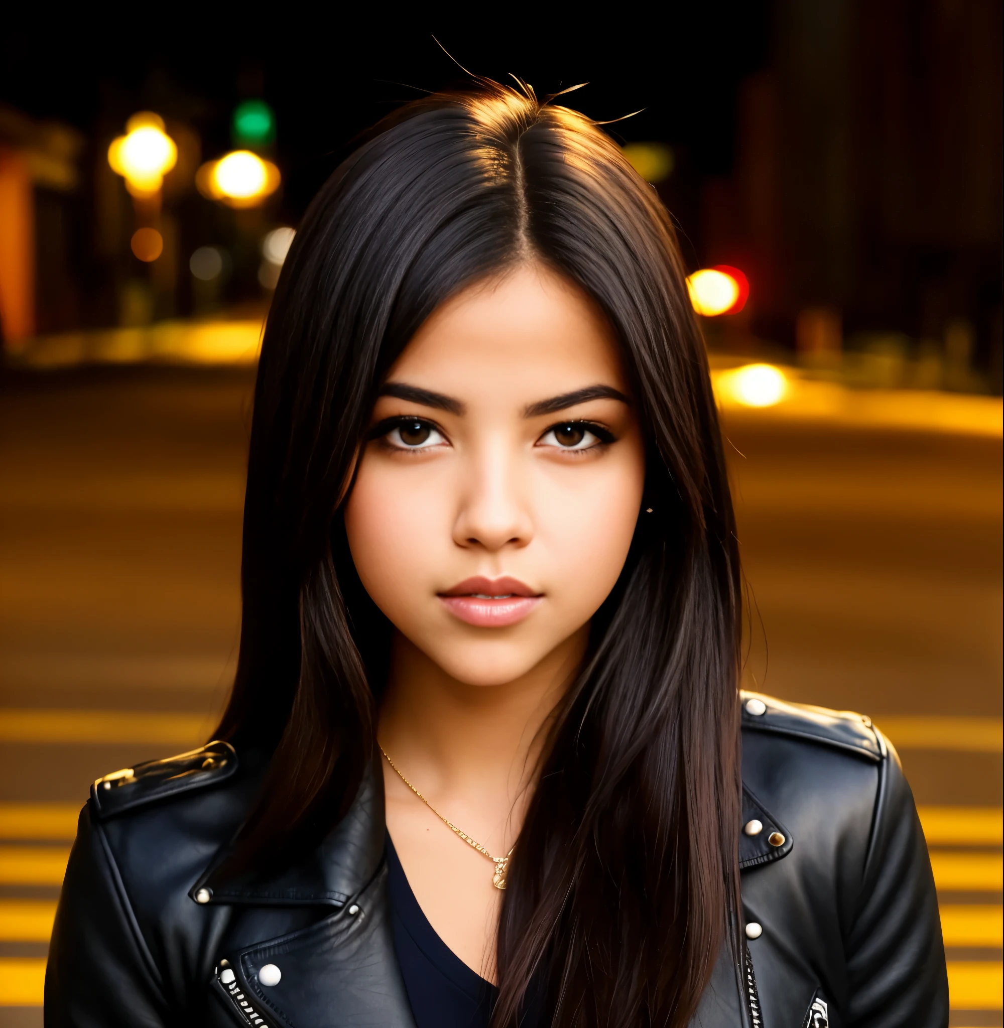 araffe woman in a black leather jacket standing on the street, Isabela Moner, Violeta Myers, Retrato de Sophie Mudd, retrato de garota de cerveja madison, ela usa jaqueta de couro, vestido com jaqueta de couro, lindo rosto latina, com cabelo castanho escuro, foto de uma linda mulher, com cabelos longos e olhos penetrantes, beleza de cair o queixo