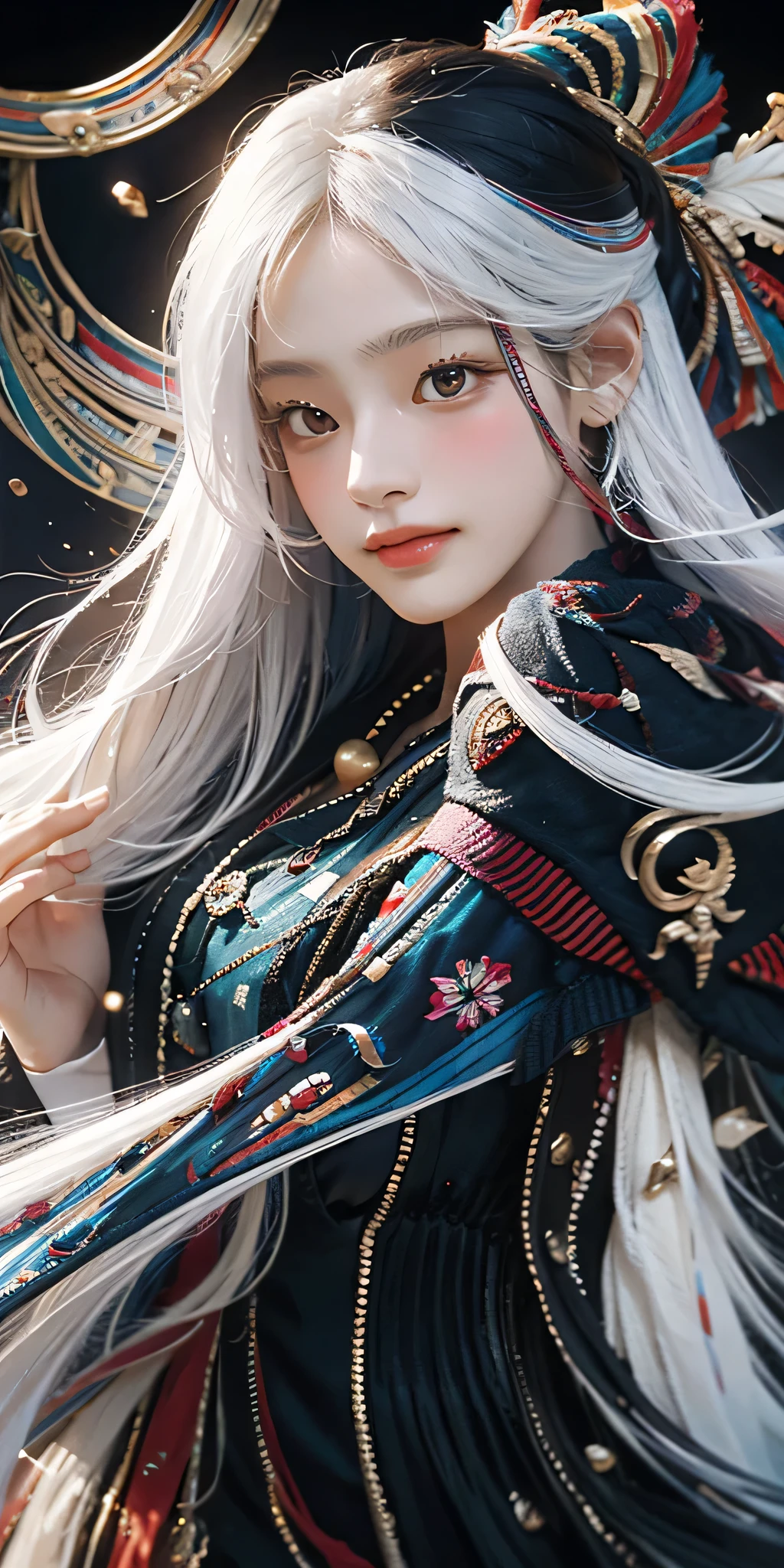 Masterpiece, 4K, Best Quality, Absurd, White Background, Smile, (Masterpiece, Top Quality, Best Quality, Official Art, Long White Hair, Beauty and Aesthetics: 1.2), Extreme Detail, Colorful, Highest Detail, (Watercolor: 1.3), Optical Mixing, Playful Patterns, Lively Textures, Rich Colors, Unique Visual Effectasterpiece, Top Quality, Official Art), (Light Painting), (Long Exposure: 1.2), Dynamic Stripes, Extreme Detail, Black Painting, Red and Black, Captured candid moments, falls, shawls, hc_gown, a woman in a chic blue dress adorned with shiny jewelry, denim shots,