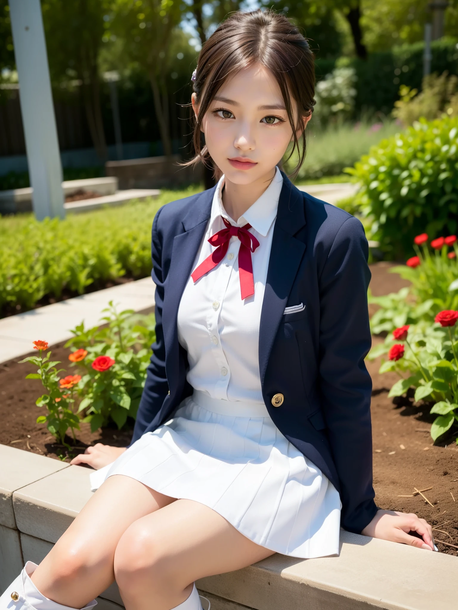 8K,Japanese,18-year-old,innocent face,teenage girl、cute,summer clothes,blazer uniform、sitting,flower garden,black hair,ribbon、big breasts、publish one&#39;chest of、big nipples、nipples are pink、vaginal shot、Showing off your vagina、Spread your legs completely、spread your legs、NSFW、