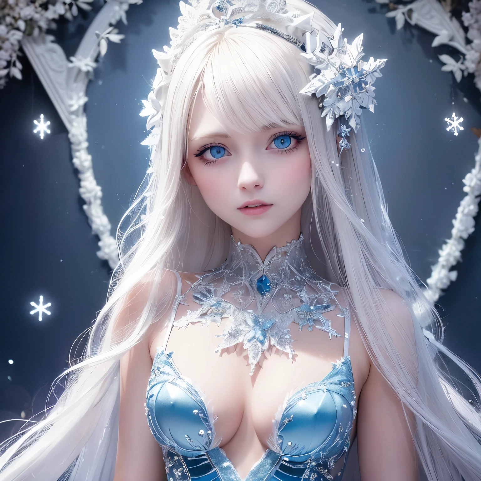 Mujer joven, rubia platinada, blue-eyed - This young woman boasts platinum blonde hair, adorned with a snow queen-themed hero costume. From her beautifully detailed blue eyes, a sense of regality and winter magnificence emanates. Her delicate and captivating face is further accentuated by the intricate design of her costume.
Featuring high-quality, ultra-detailed illustrations, this image showcases the young woman in her full glory. The costume is embellished with an abundance of snowflakes, evoking the frosty atmosphere of a winter wonderland. The blue eyes and blonde hair add striking contrast and emphasize her unique traits