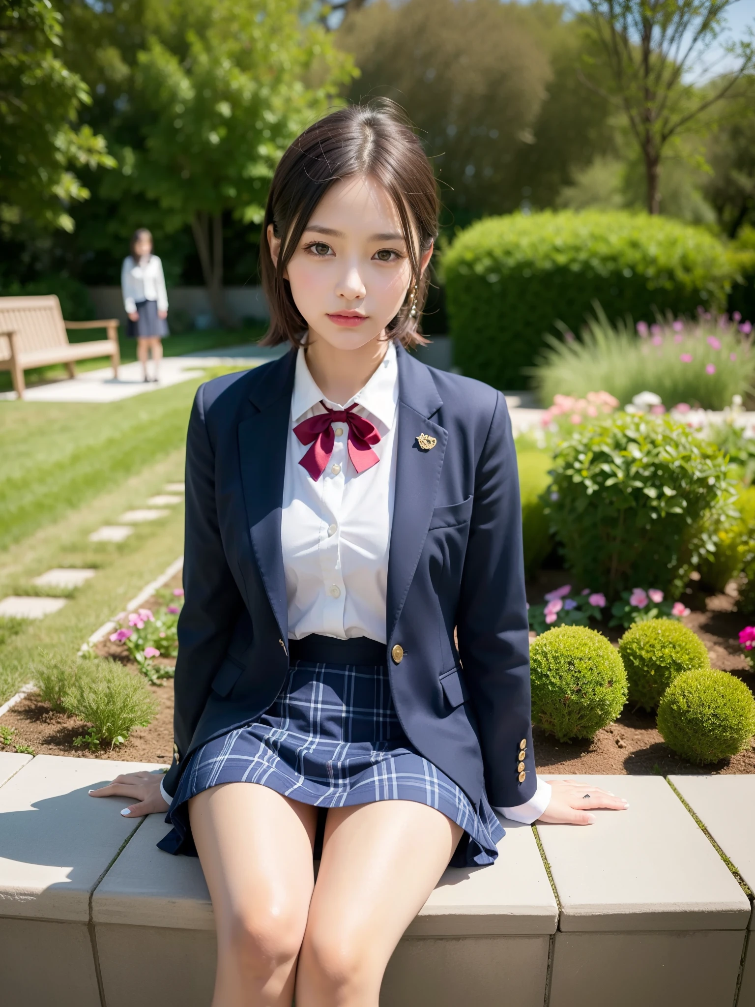 ((Best of the highest quality, 8k, Masterpiece: 1.3, raw photo)), Sharp focus: 1.2, (1 AESPA girl: 1.1), (Solo: 1.18), (realistic, photo-realistic:1.37), face focus, cute face, finely eyes, (Small breasts, flat chest, Thigh: 1.3), (wearing blazer school uniform dress:1.32), (multilayer-skirt), ((ribbon, frills):1.38), (thigh boots:1.2), short messy hair, updo, sitting on bed, (garden: 1.32)