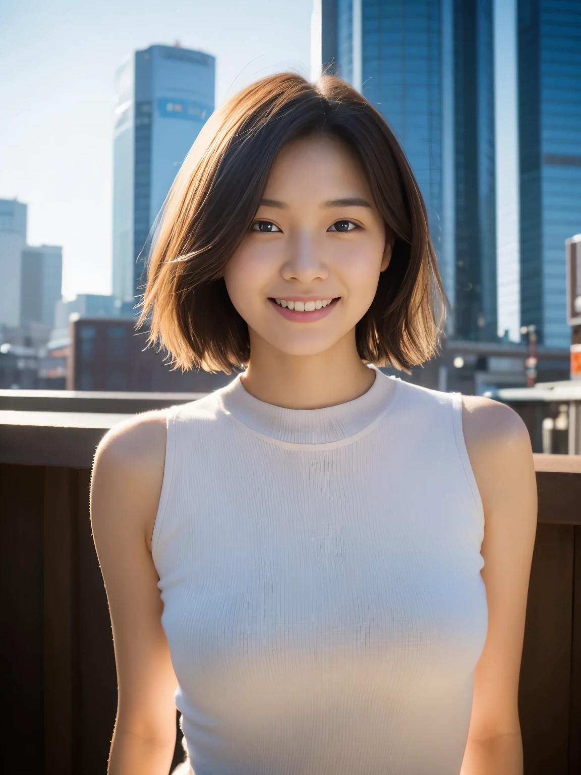 Photoreal, 8k, full body portrait, Beautiful woman, attractive look, A slight smile, short hair, , Tokyo city, winter, With Shibuya in the background, Sunlight, Natural light, Place a reflector in front of the camera to brighten the photo