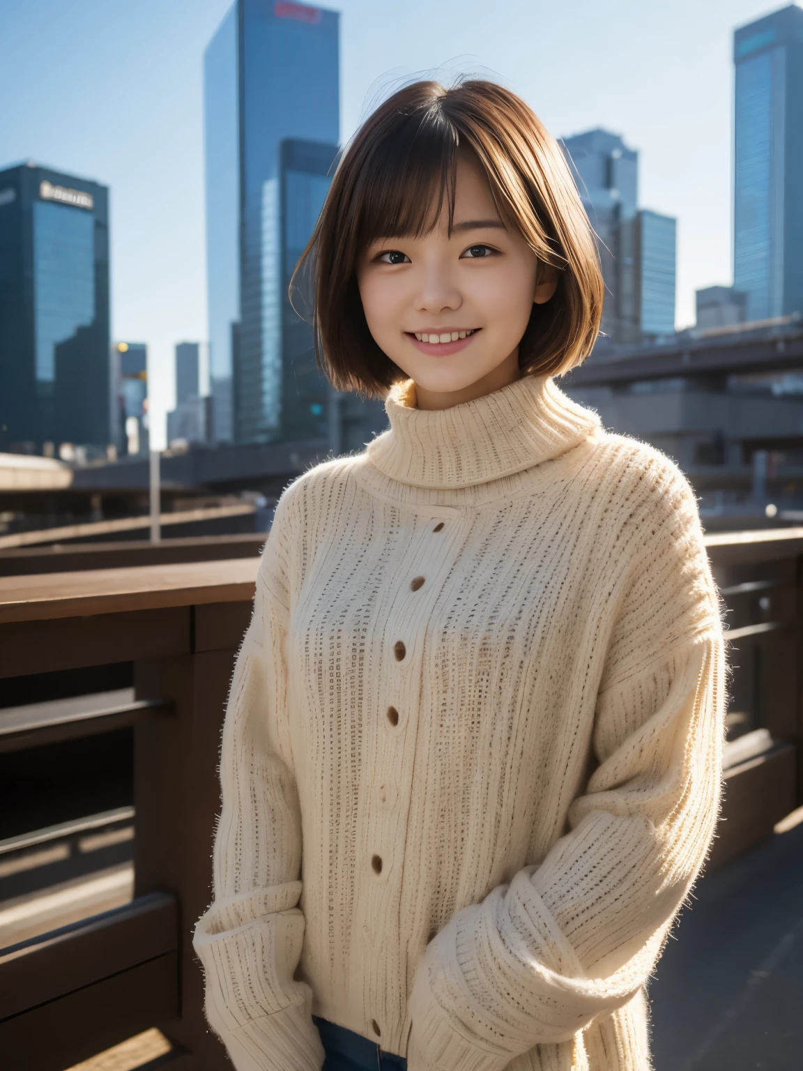 Photoreal, 8k, full body portrait, Beautiful woman, attractive look, A slight smile, short hair, , Tokyo city, winter, With Shibuya in the background, Sunlight, Natural light, Place a reflector in front of the camera to brighten the photo