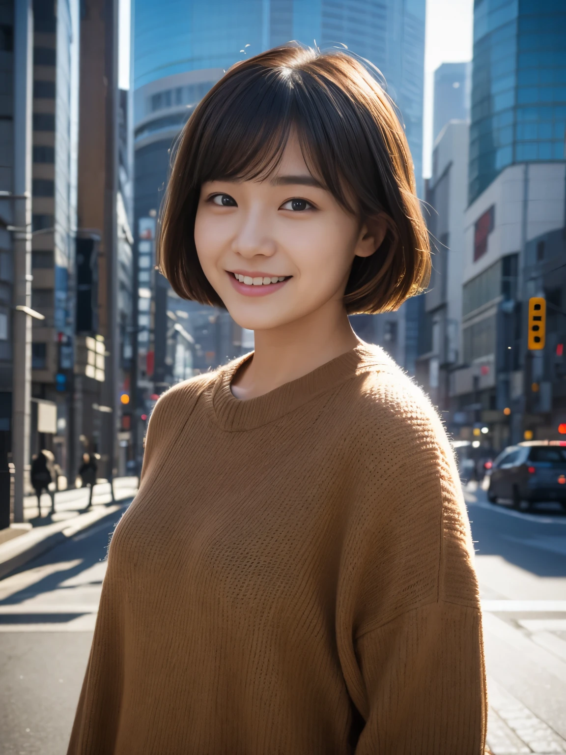 Photoreal, 8k, full body portrait, Beautiful woman, attractive look, A slight smile, short hair, , Tokyo city, winter, With Shibuya in the background, Sunlight, Natural light, Place a reflector in front of the camera to brighten the photo