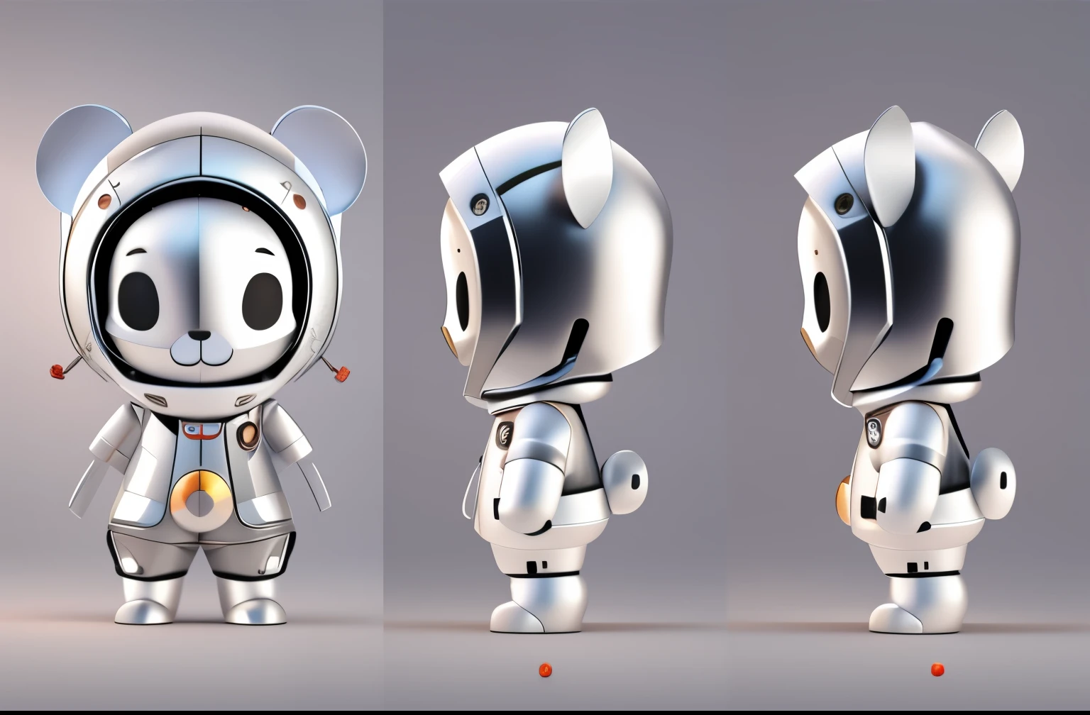 Three different views of a robot wearing a helmet and a suit, a panda in space, high quality character design, Herren. nimbus character design, cute 3 d render, very stylized character design, Stylized character design, 3D model of a Japanese mascot, toon render keyshot, rendered in keyshot, stylized as a 3d render