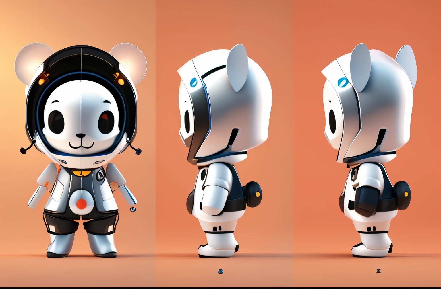 Three different views of a robot wearing a helmet and a suit, a panda in space, high quality character design, Herren. nimbus character design, cute 3 d render, very stylized character design, Stylized character design, 3D model of a Japanese mascot, toon render keyshot, rendered in keyshot, stylized as a 3d render