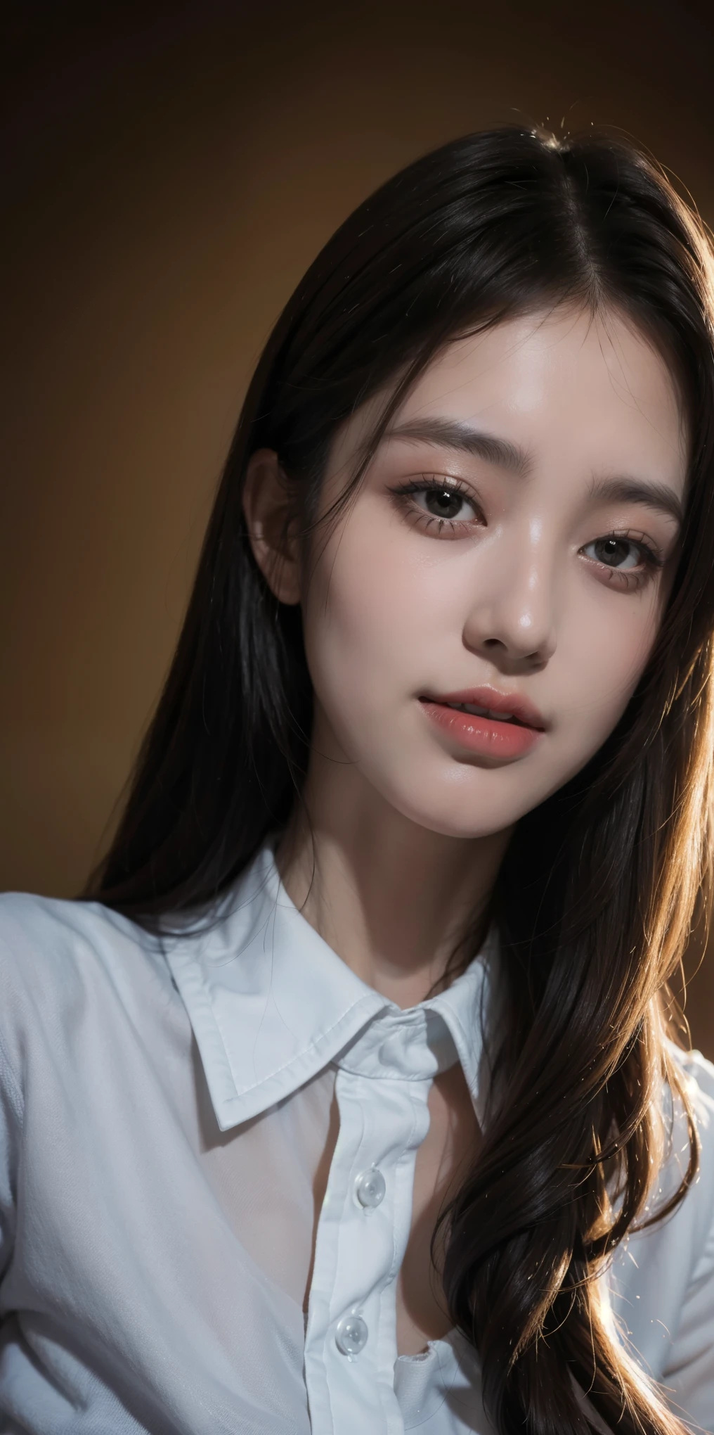 highest quality, masterpiece, (realistic:1.4), 1 girl, light smile, collared shirt, Upper body, dramatic lighting, from below