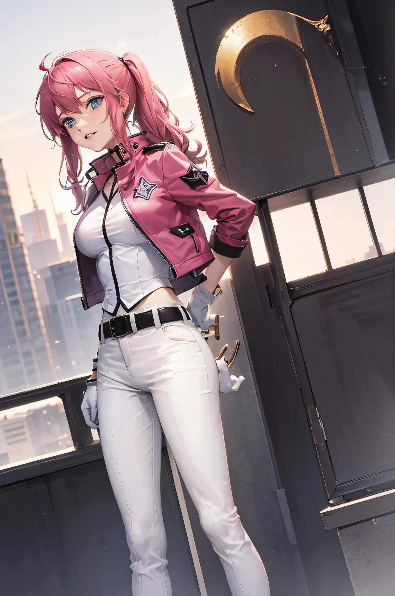 masterpiece, highest quality, disorganized, perfect anatomy, 1 girl, alone, feldt grace, felt uniform, long hair, cropped jacket, pink jacket, white pants, belt, white gloves, cowboy shot, Are standing, smile, (turn your arms behind your back:1.5),(leaning forward:1.25),
