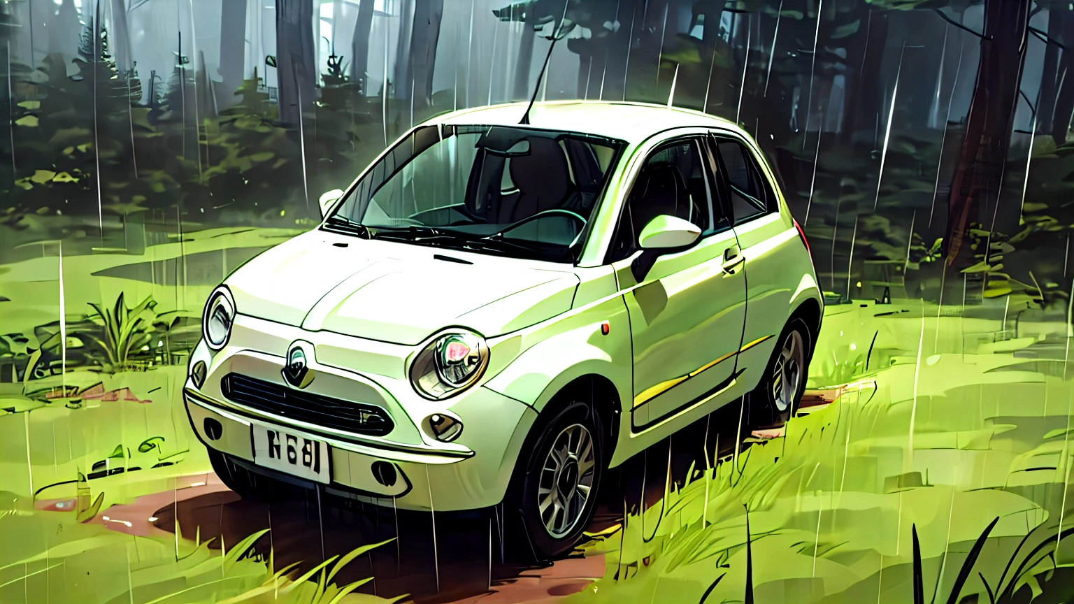 深いforestの中、forest、forestForest、Forest、wood々、wood、深いforest、rain、土砂降りのrain、fiat500 parked、drawing drawing、もっとdrawing drawing、もっともっとdrawing drawing、手前にもwood々、A layer of grass in the foreground