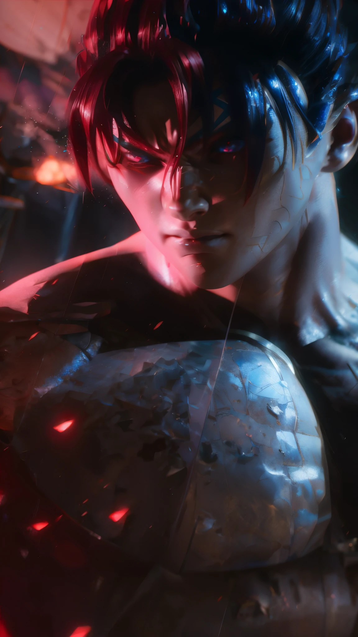 anime character with red hair and blue eyes posing for a picture, badass anime 8 k, rendered in sfm, unreal engine render saint seiya, detailed cinematic render, photorealistic human goku, 8k artgerm bokeh, pouty look :: octane render, makoto shinkai. octane render, as a character in tekken, created in octane render