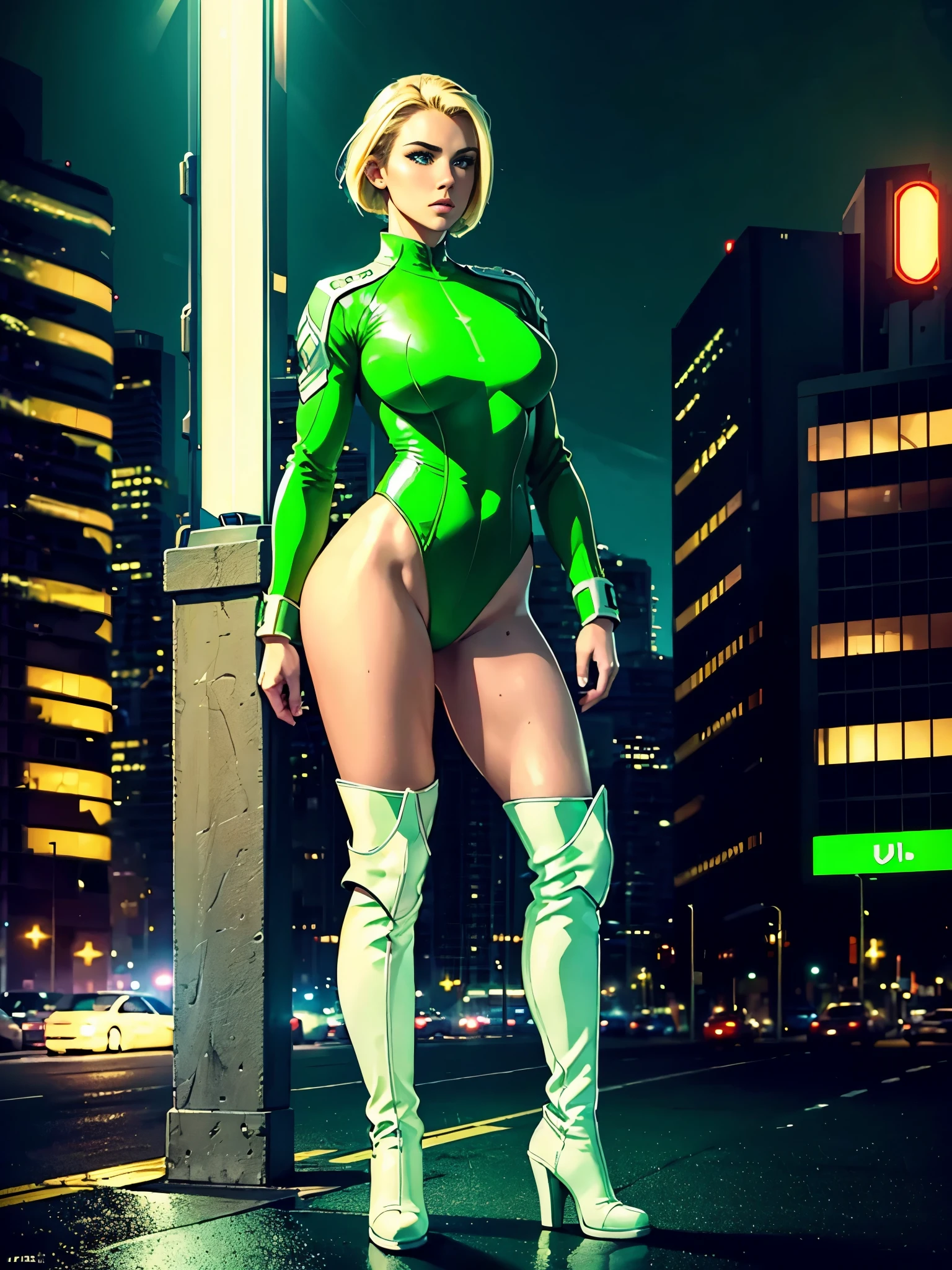 ((best quality)), ((masterpiece)), ((ultra realistic)), american blonde, beautiful detailed face, detailed eyes, sexy us military officer, dressed in a green and white leotard, city backdrop, neon edge lighting, highly detailed, professional, bare legs, full body, hands on hip, medium hair, knee boots, long sleeves, standing