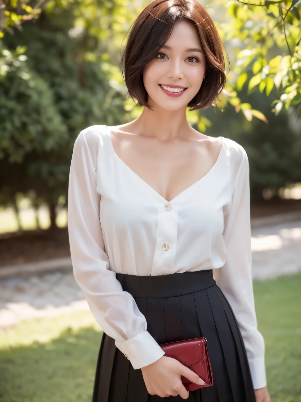 (38 years old), ((black business suit:1.2)),((black wool skirt:1.2))、((wearing a white blouse)),(wearing expensive beer)、 double eyelid, eyelash, Red lip gloss, (smile:1), ((close your eyes:0.85)), (looking at the viewer、Are standing), (From above:0.2)、尖ったred mouth、(reddish brown wet shiny short hair),red mouth,clavicle、 (Photoreal:1.3),(RAW photo),(woman standing in front of an old castle, Beautiful lawn, Squirting, Bright sunshine in the city of Modena, Italy) , 8k, Super detailed, highest quality, rough skin, anatomically correct, masterpiece , highest quality, cinematic lighting, Use perspective throughout , surrealism , ,(realistic:1. 3),(RAW photo) , black hair, light smile, short hair, bob cut, anaglyph, stereogram, (mature woman:1), (38 years old), ((close:0.5)), glare, double eyelids, lip gloss, (smile:1), ((close your eyes:0.85)), red mouth, clavicle, ((looking at the viewer)), (short hair of reddish-brown color wet and shiny,), (I can see the whole body) , Slightly thick body type , opened my eyes wide. , perfectly round eyes , fine texture