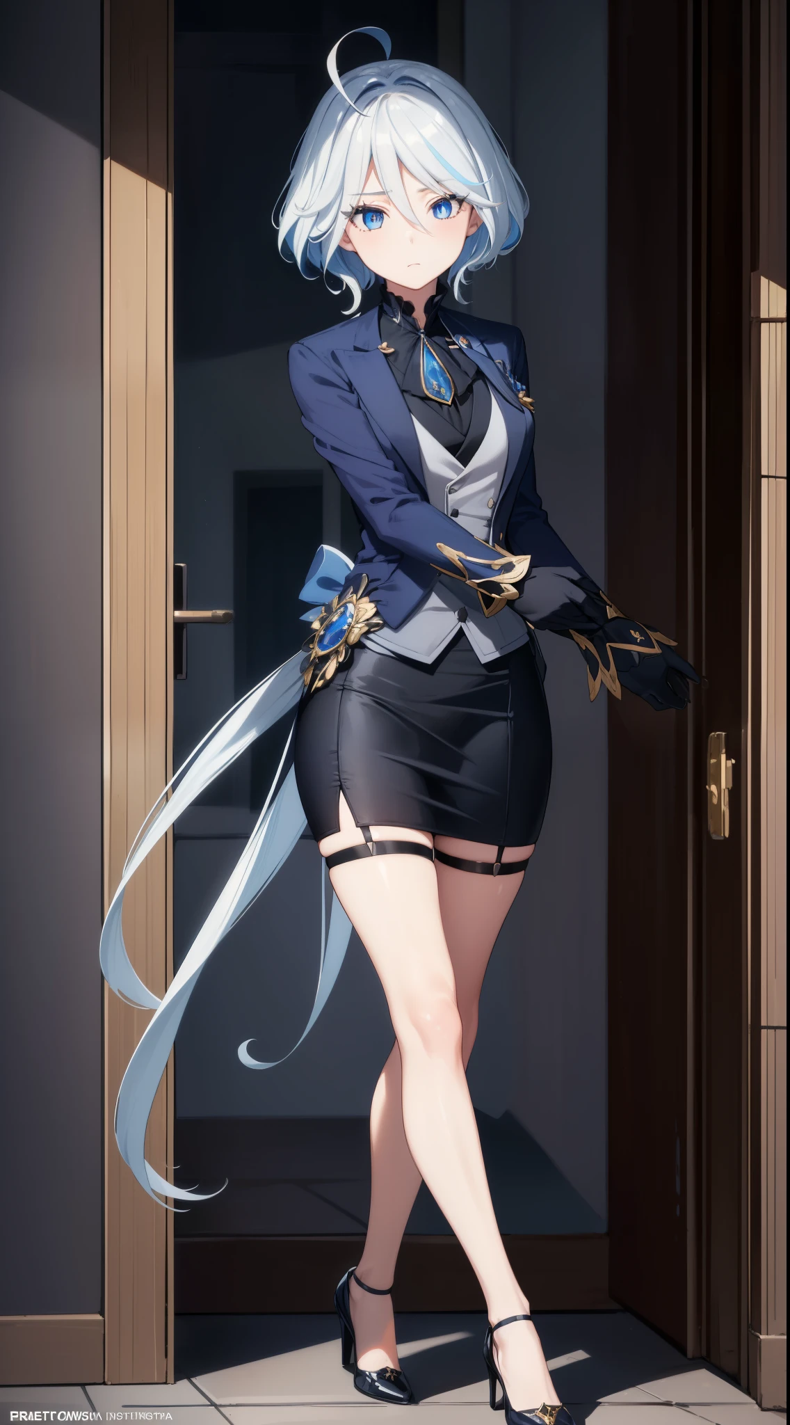 furin, furin в полный рост, Blue eyes, blue hair, pappus, Ahoge, hair over one eye, light blue hair, short hair,
break asymmetrical gloves, black gloves, long skirt suit, (((Troika costume))), (((tie))), blazer, (((blazer))), (((vest))), double-breasted vest, fitted skirt to heels, pencil skirt, black heels,
break looking at viewer,
break indoors,
break (Masterpiece:1.2), Best quality, A high resolution, unity 8k wallpaper, (Illustration:0.8), (beautiful detailed eyes:1.6), very detailed face, perfect lighting, extremely detailed computer graphics, (perfect hands, Ideal Anatomy),