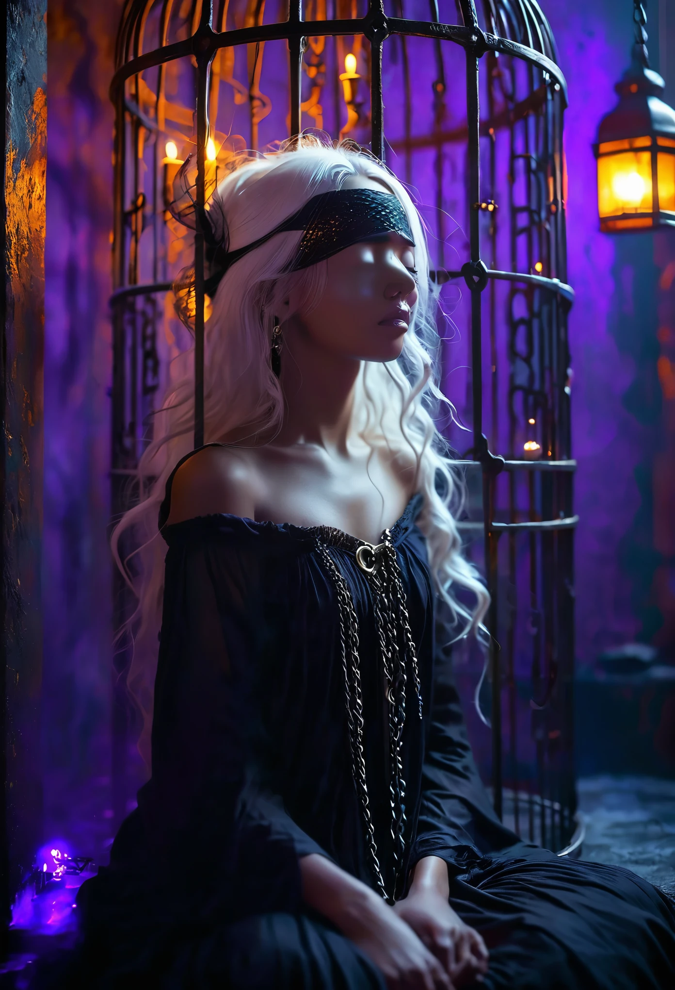 Start with a golden cage bathed in a mysterious black light, creating a sense of confinement and secrecy. The golden cage should have intricate details like iron bars and chains, suggesting imprisonment or restraint, BREAK
In this golden cage, depict a (((beautiful))) darkskin androgen with long white hair, blindfolded with a black cloth. She should be in a prayerful pose, offering her prayers with an expression of serene solemnity. Her beautiful unique features, like alabaster skin and possibly discernible white hair, should stand out against the dark setting, BREAK
Include details like flickering candlelight in the foreground, casting a warm glow and creating shadows that dance across the girl and the room. The candlelight should provide the main source of illumination, adding to the mystical and somber atmosphere, BREAK
Apply a shallow focus effect to the image, where the girl and the nearest elements like the candlelight and some of the chains are in sharp focus, while the background, including parts of the room and some iron bars, softly blur into the purple light, BREAK
Ensure the overall atmosphere of the image is one of solemnity and mystery, with the androgen's sacred presence and the room's eerie ambiance synergistically creating a powerful visual narrative.