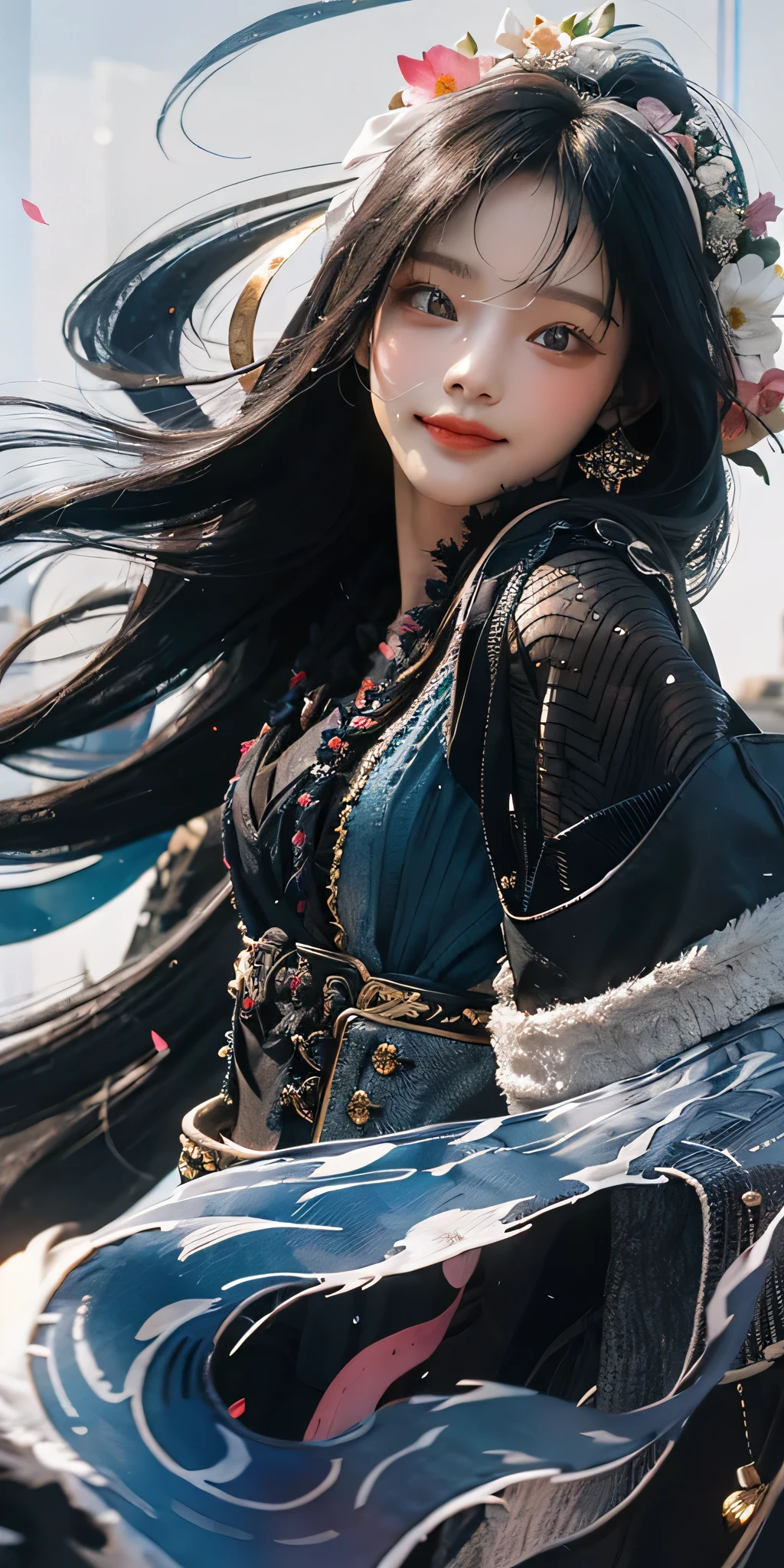 Masterpiece, 4K, Best Quality, Absurd, White Background, Smile, (Masterpiece, Top Quality, Best Quality, Official Art, Long black Hair, Beauty and Aesthetics: 1.2), Extreme Detail, Colorful, Highest Detail, (Watercolor: 1.3), Optical Mixing, Playful Patterns, Lively Textures, Rich Colors, Unique Visual Effectasterpiece, Top Quality, Official Art), (Light Painting), (Long Exposure: 1.2), Dynamic Stripes, Extreme Detail, Black Painting, Red and Black, wedding, your wife, wife viwers, Captured candid moments, falls, shawls, hc_gown, a woman in a chic blue dress adorned with shiny jewelry, denim shots,