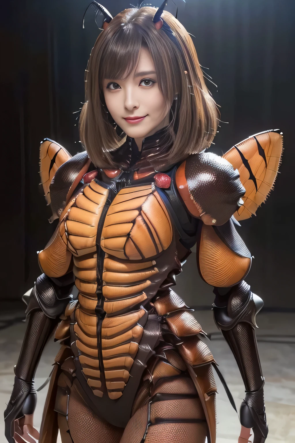 (High resolution,masterpiece,highest quality,Very detailed CG, anime, official art:1.4), realistic, photograph, amazing detail, everything is complicated, shiny and glossy,Amazing number of layers, 8K wallpaper, 3D, sketch, cute, figure,( alone:1.4), perfect female proportions,villain's daughter, (Fusion of dark brown cockroach and lady:1.4), (brown cockroach woman:1.2), (brown cockroach woman:1.2), (Fusion:1.2), (alone:1.4), (evil smile:1.2), muscular, abs, (Cockroach brown exoskeleton bio insect suit:1.4), (Cockroach brown exoskeleton bio insect armor:1.2), (brown transparent cockroach feathers:1.4), (Antennae of brown cockroaches:1.3),