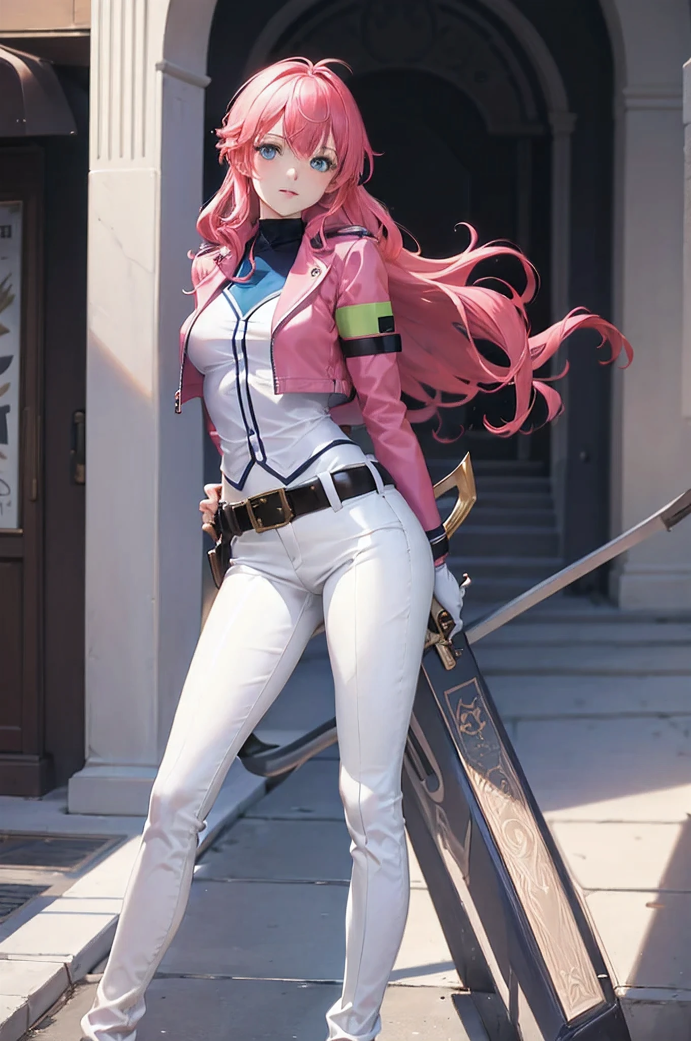 masterpiece, highest quality, disorganized, perfect anatomy, 1 girl, alone, feldt grace, felt uniform, long hair, cropped jacket, pink jacket, white pants, belt, white gloves, cowboy shot, Are standing, smile, (turn your arms behind your back:1.5),(leaning forward:1.25),(perfect eyes:1.5),
