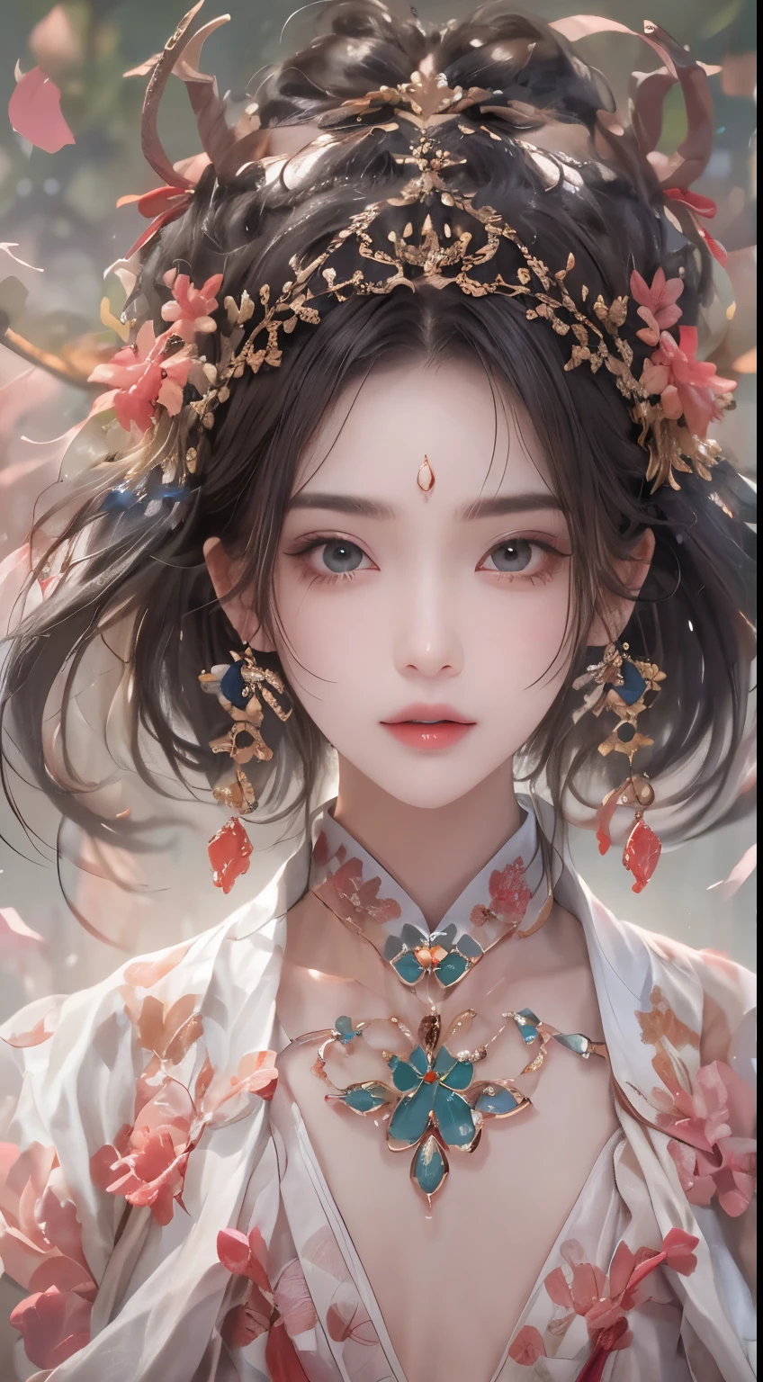 (symmetry:1.5),high resolution, 1 female,,face close-up,beautiful eyes, long hair, eye socket, jewelry, Hanfu, Chinese fairy