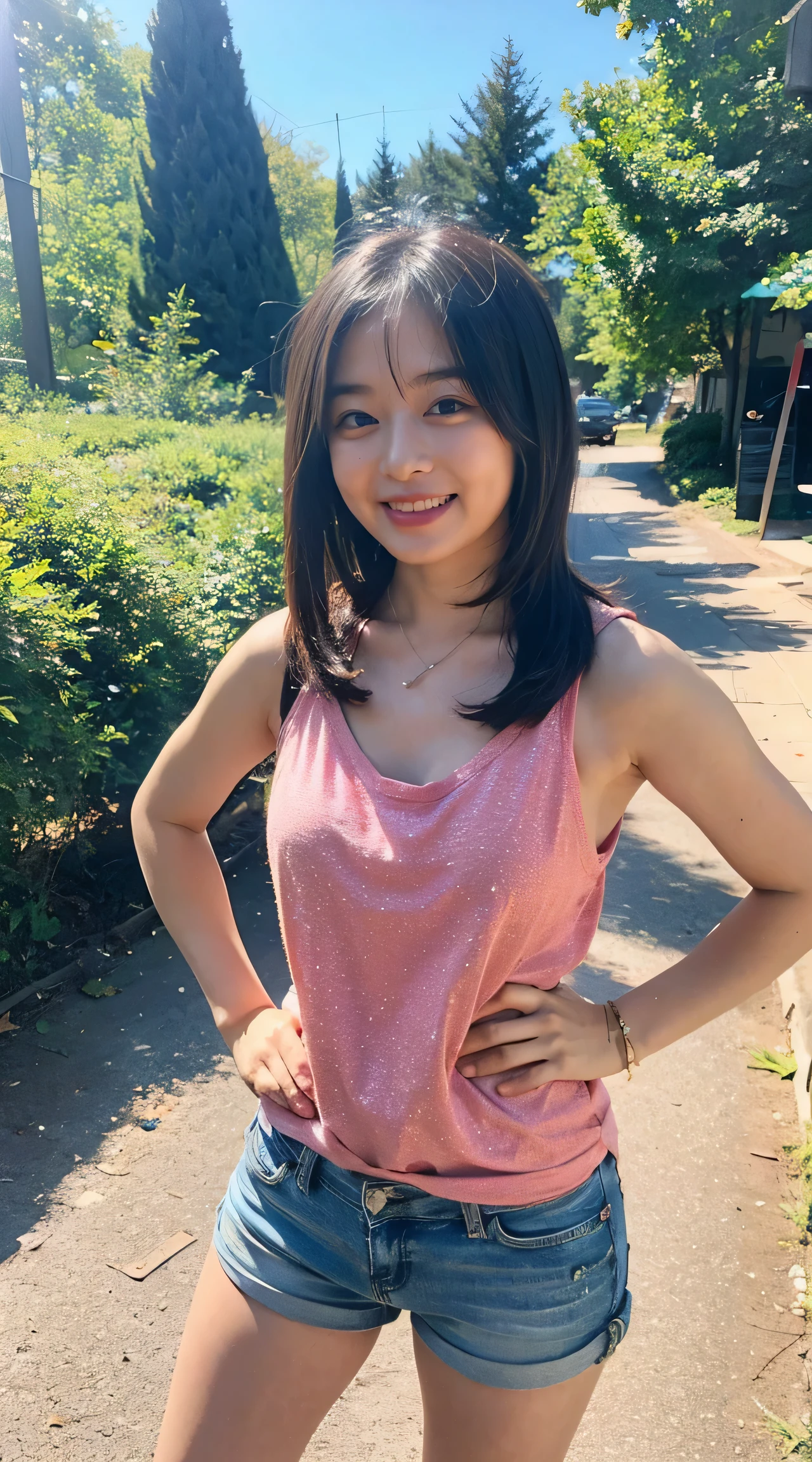 (8k、RAW photo、highest quality、masterpiece:1.2)、(realistic、Photoreal)、((Tank top、shorts、stand with hands on hips、thin legs、sandals、in the forest、zoom up、Seen from the front、))、lots of eyelashes、Glitter on your eyelids、skeletally correct、Beautifully aligned fingertips、smile、standing with hands on hips、