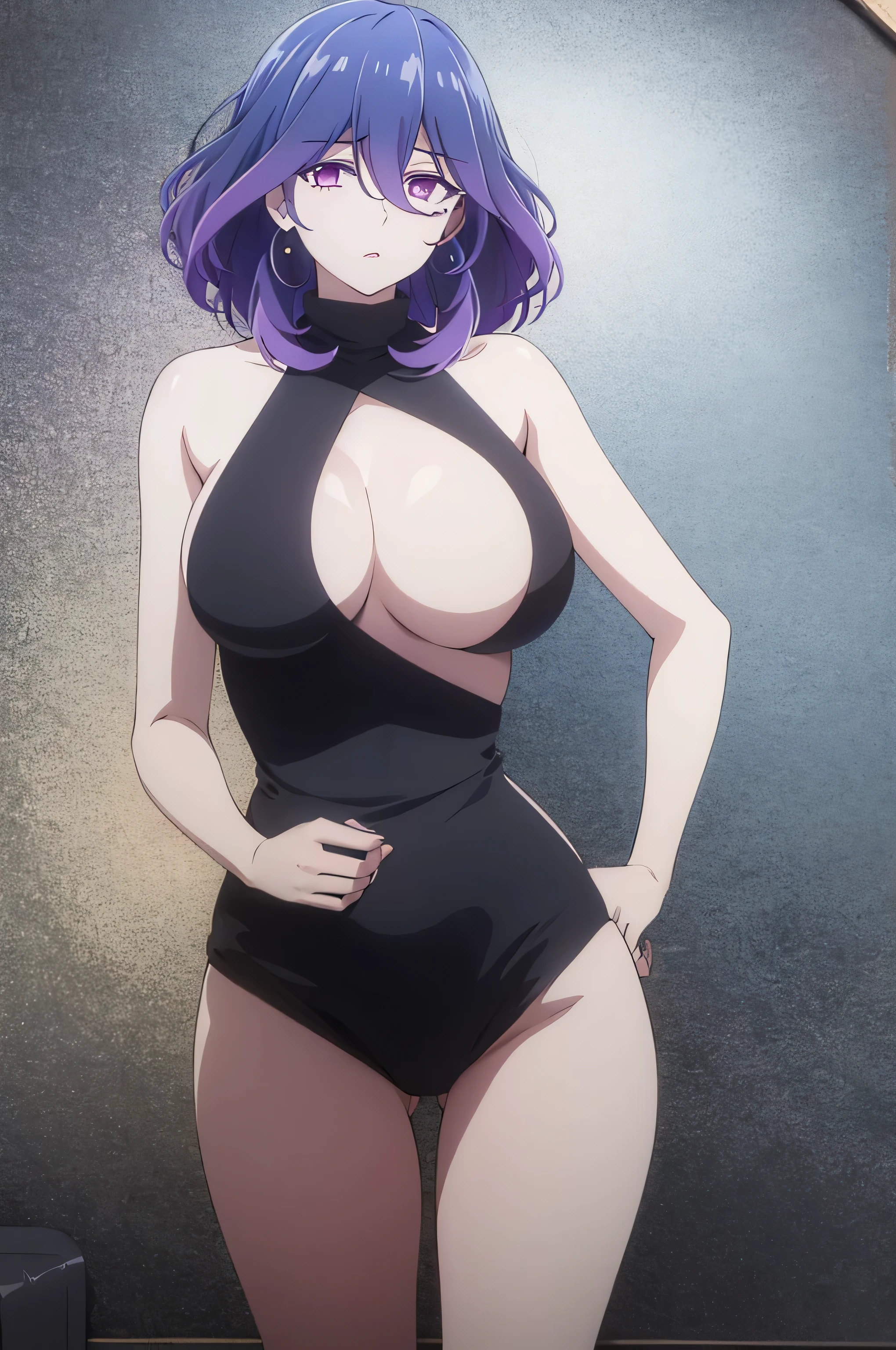 hair clip, High Body, long legs, mature female, mature, adult, simple background, It is_vermilion, 1 girl, alone, chest, purple hair, black dress, red eyes, large chest, medium hair, looking at the viewer, hair between eyes, short hair, blue hair, colorful hair, 1 girl, chest, alone, cleavage, side lock, bare shoulders, Cloudy night, earrings, revealing clothes, bangs, looking at the viewer, large chest, thighs, simple background, bracelet, No panties, purple eyes, cowboy shot, parted lips, squat, halter neck, 