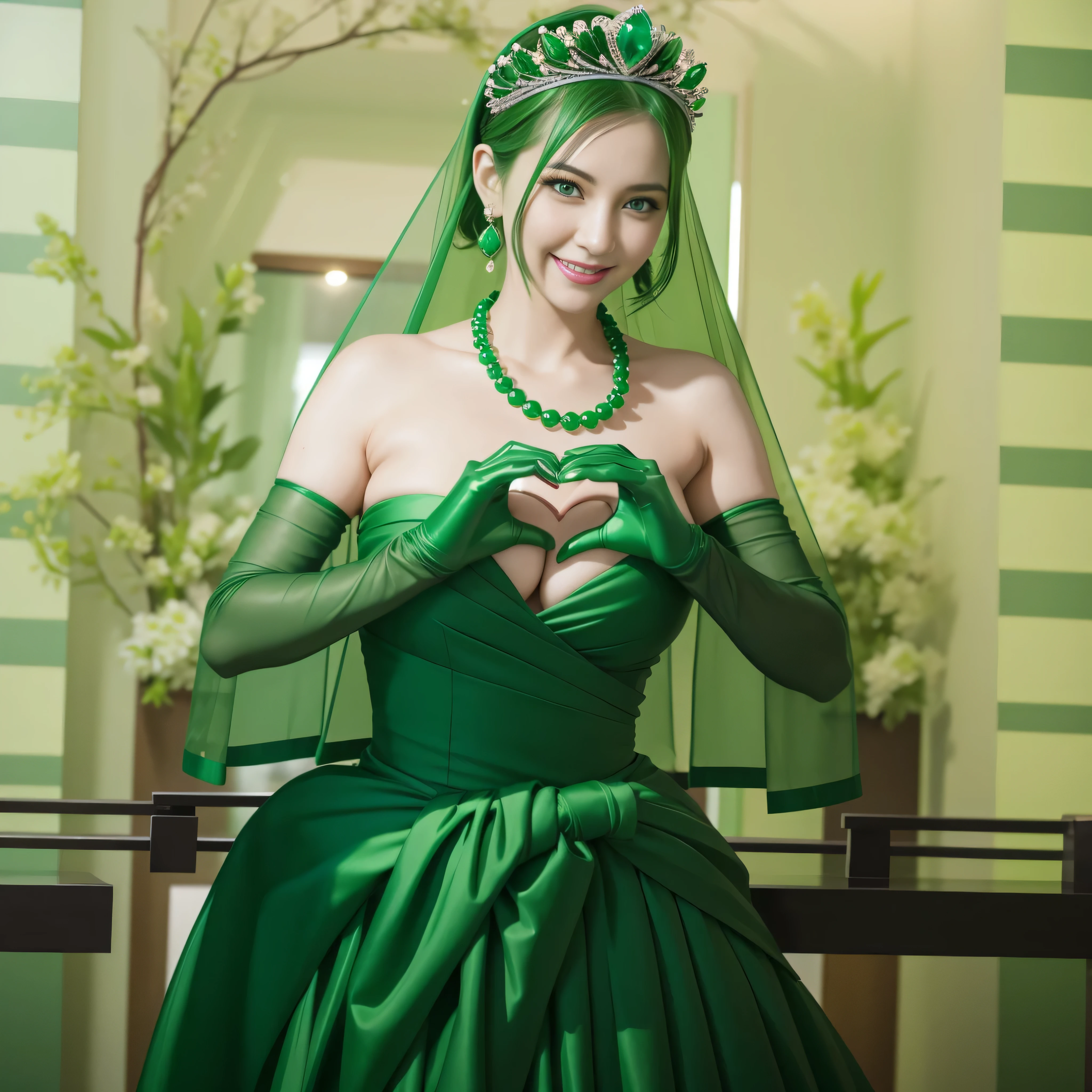 emerald tiara, Green Pearl Necklace, ボーイッシュな非常に短いgreen hair, green lips, Smiling woman in her 30s, very short hair,  Beautiful woman with big breasts, green eyes, green satin long gloves, green eyes, emerald earrings, Green veil, Heart with both hands, green hair, beautiful japanese woman, heart shaped hands:1.3, green lip gloss