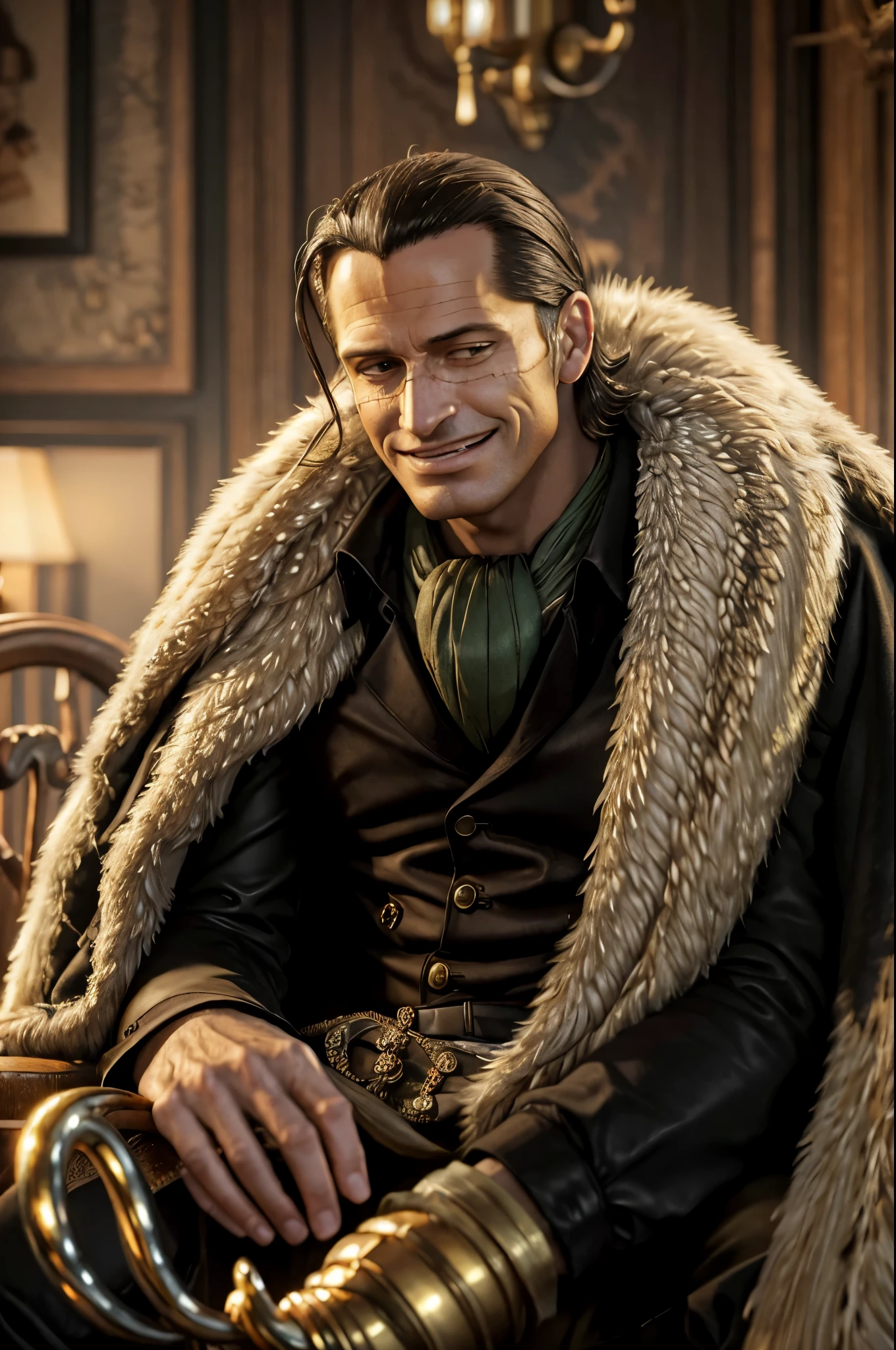 masterpiece, best quality, extremely detailed, hyperrealistic, photorealistic, a cool 40s man, ultra detailed face:1.1, fur-trimmed coat, scarf around the neck, his left hand is a golden pirate hook:1.1, sitting, sly smile