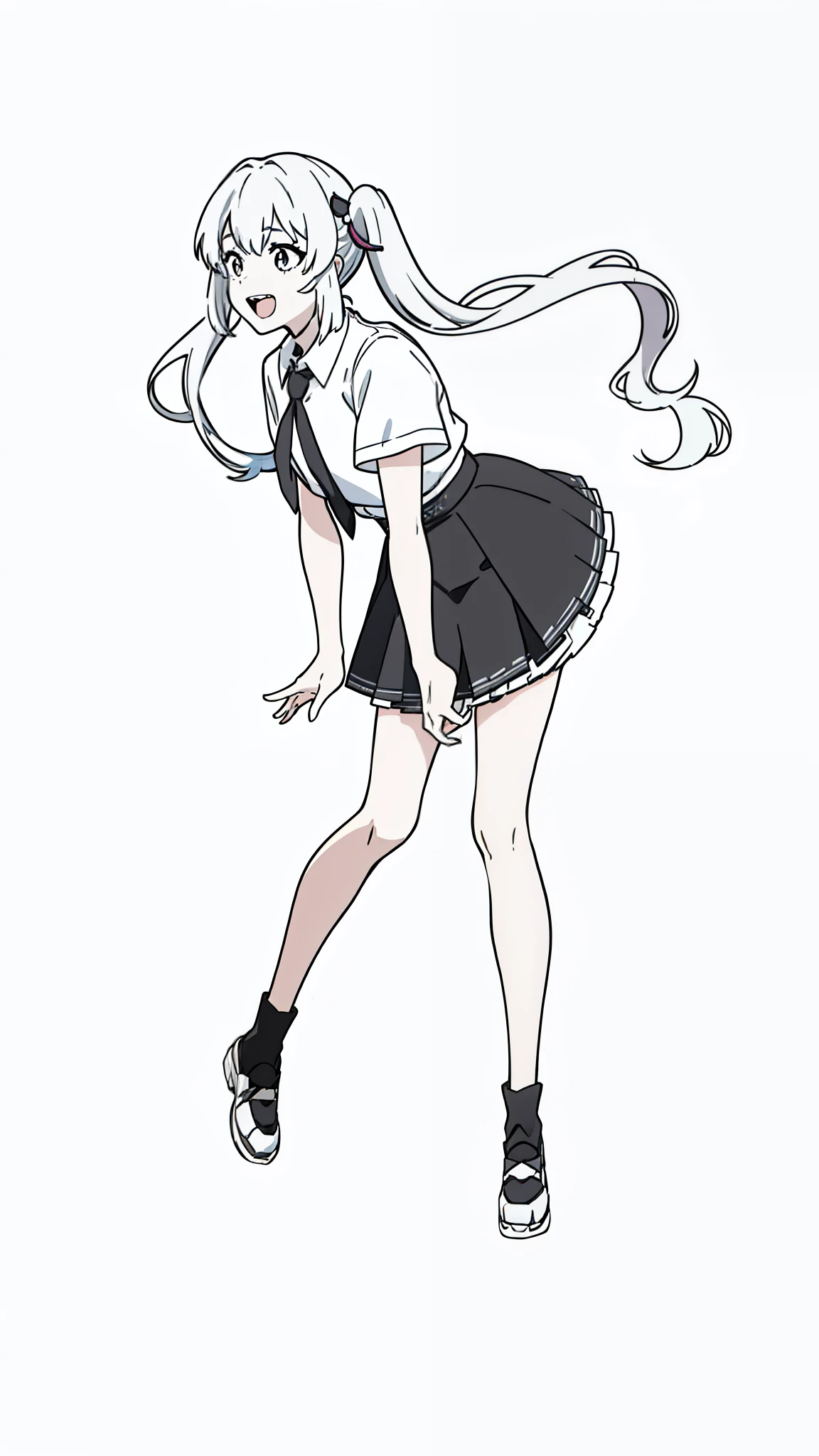 1girl,20 years old,solo,(white background,line drawing),long hair,white hair,fish ears,twintails,((white shirt,short sleeves,black standart tie,black skirt)),full body,leaning forward,smile,open mouth