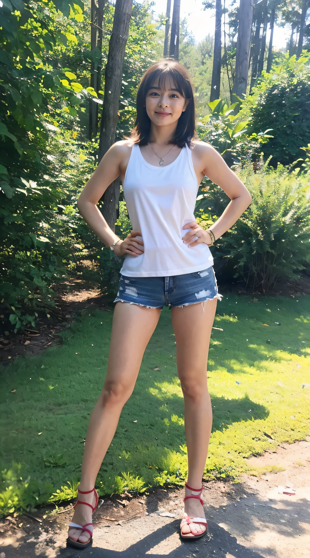 (8k、RAW photo、highest quality、masterpiece:1.2)、(realistic、Photoreal)、((Tank top、shorts、stand with hands on hips、thin legs、sandals、in the forest、Seen from the front、))、lots of eyelashes、Glitter on your eyelids、skeletally correct、Beautifully aligned fingertips、sandy beach、standing with hands on hips、