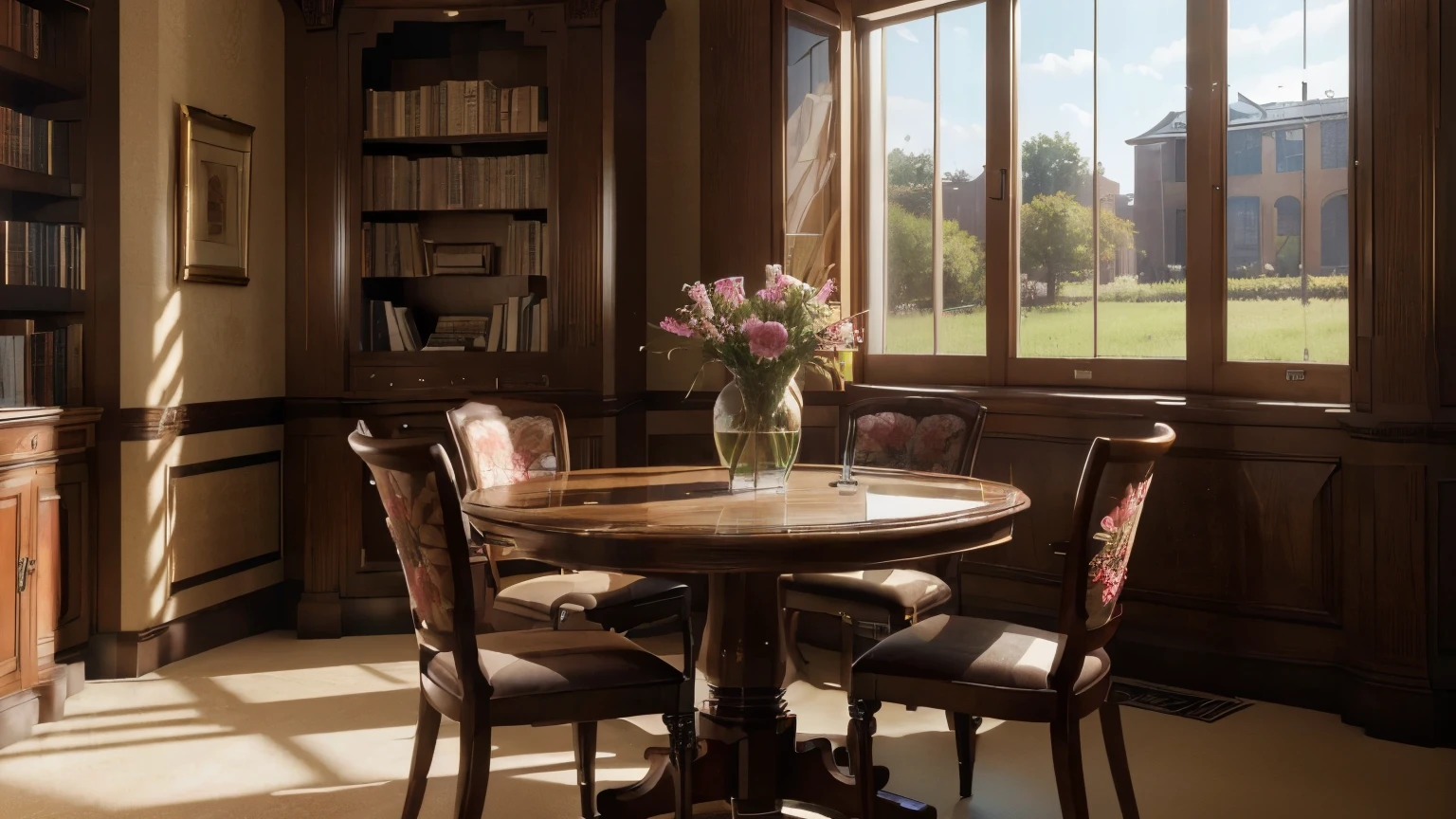 (best quality, highres, ultra-detailed, realistic, photorealistic:1.37), ultra fancy, clean, with flowers, elegant chairs, beautiful windows, anime style, sunlight, library, no models, wood, books, grass, fruits, simple