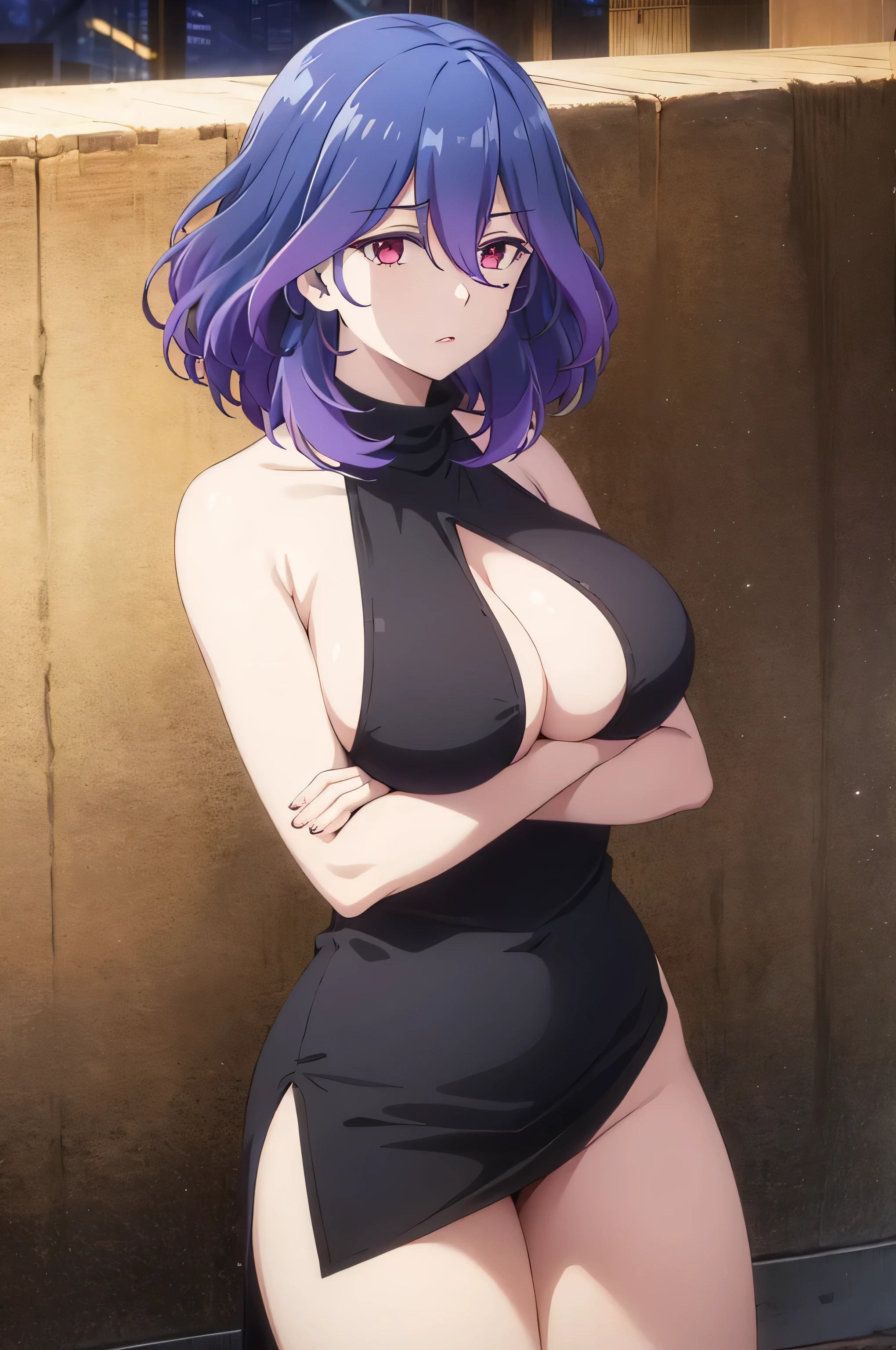 hair clip, High Body, long legs, mature female, mature, adult, simple background, It is_vermilion, 1 girl, alone, chest, purple hair, (black dress,short,you can see my pussy), red eyes, large chest, medium hair, looking at the viewer, hair between eyes, short hair, blue hair, colorful hair, 1 girl, chest, alone, cleavage, side lock, bare shoulders, Cloudy night, earrings, revealing clothes, bangs, looking at the viewer, large chest, thighs, simple background, bracelet, No panties, purple eyes, cowboy shot, parted lips, squat, halter neck, 