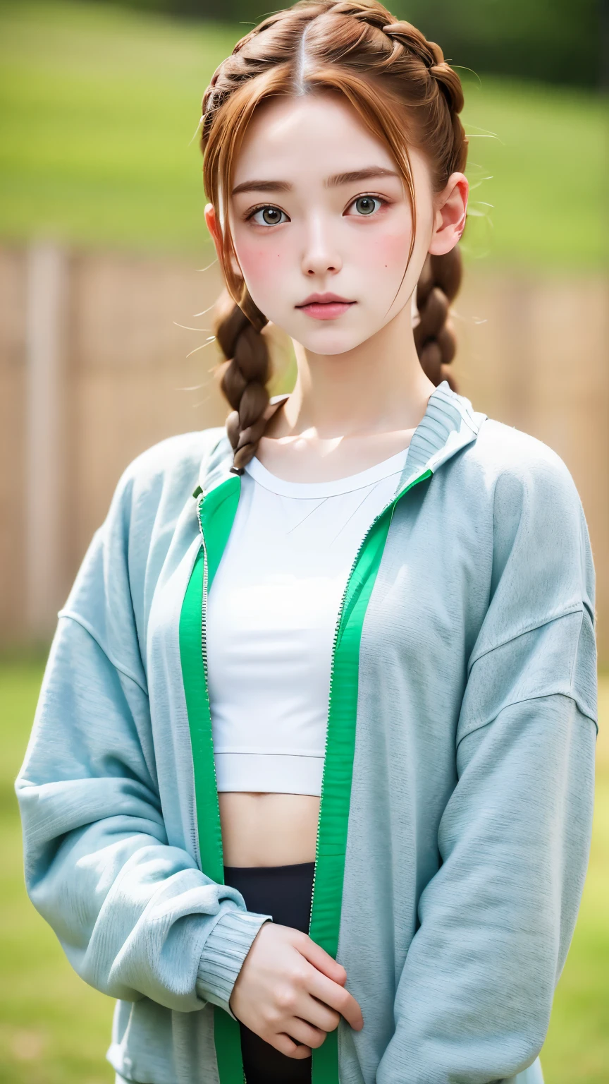 super realistic images, ginger ager girl, cute face, An ennui look、french braid、ash gray hair、green eyes, a little freckled, doing yoga, three line sweatshirt、I can see your belly button、often play sports、Jacket, highest quality、ultra high resolution、masterpiece:1.5、portrait