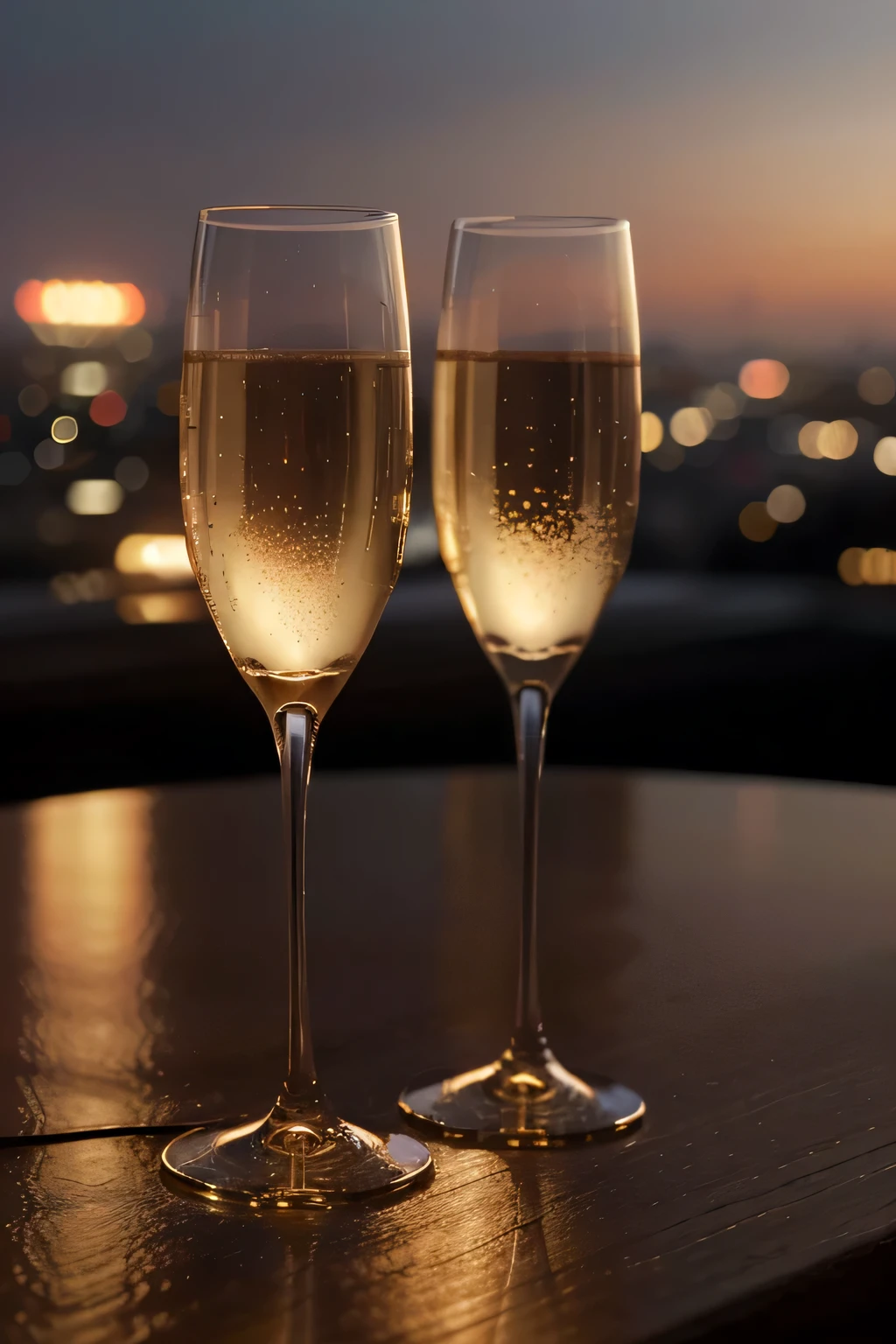 (best quality,highres) (photorealistic) Two beautiful hands holding only two, small, exquisite champagne flutes in a dimly lit bar, leading a toast (to life's moments in a), luxurious setting,(illuminated by delicate candlelight),((with a mesmerizing city skyline in the background at sunset)). The hands are flawlessly manicured, with (perfectly shaped and polished nails), glowing in soft, warm tones. The champagne flutes are all the same size, elegant and sparkling, (exuding a sense of celebration and sophistication),(with delicate bubbles rising to the surface).