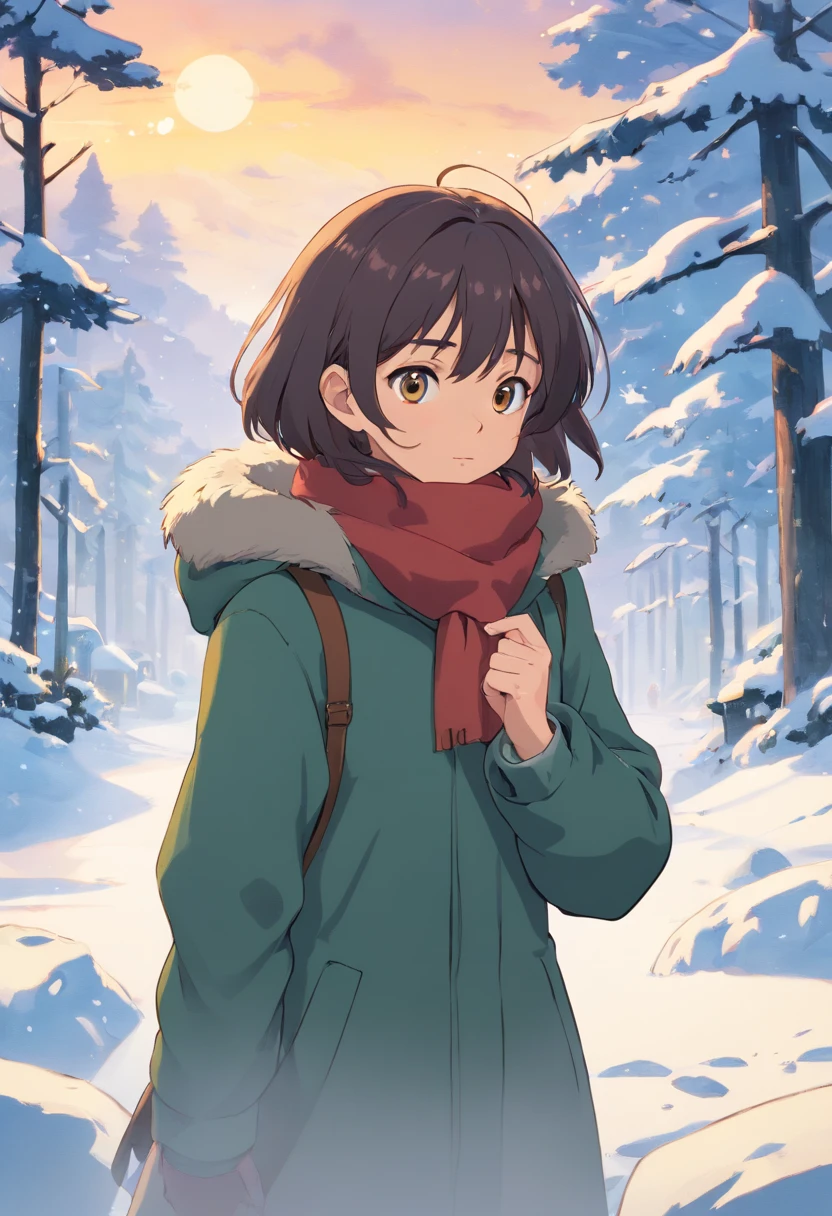 winter, landscape, snow, cold, trembling, snot, breath, runny nose, outdoors,  1girl, solo, milla maxwell, highres, absurdres,