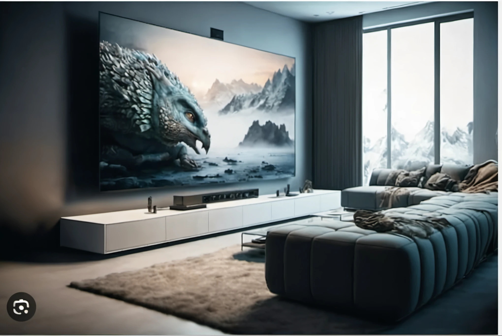 there is a large picture of a dragon on the wall in the living room, hiper realista 8 k, 8k hiper-realista, 8k hiperrealista, 8k hiperrealista, 8k hiperrealista, symmetrical hyperreal 8k, hiperreal altamente detalhado 8k, 8k hiper-realista, 8k hiper-realista, 8k hd realista, cativante 8k hdr