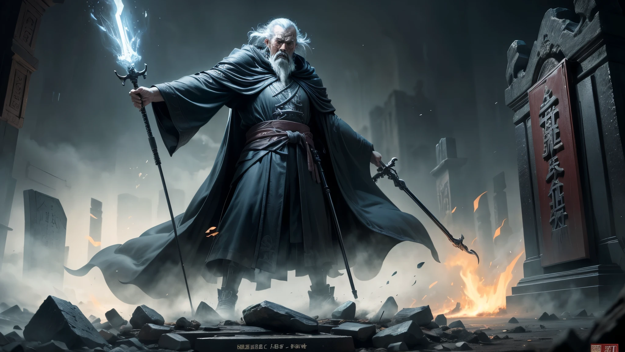 good quality, ultra high resolution,masterpiece, (reality,detail,close up)An ancient Chinese wizard,Wearing a black robe,Armed with crutches,The expression is insidious,Standing next to the tombstone