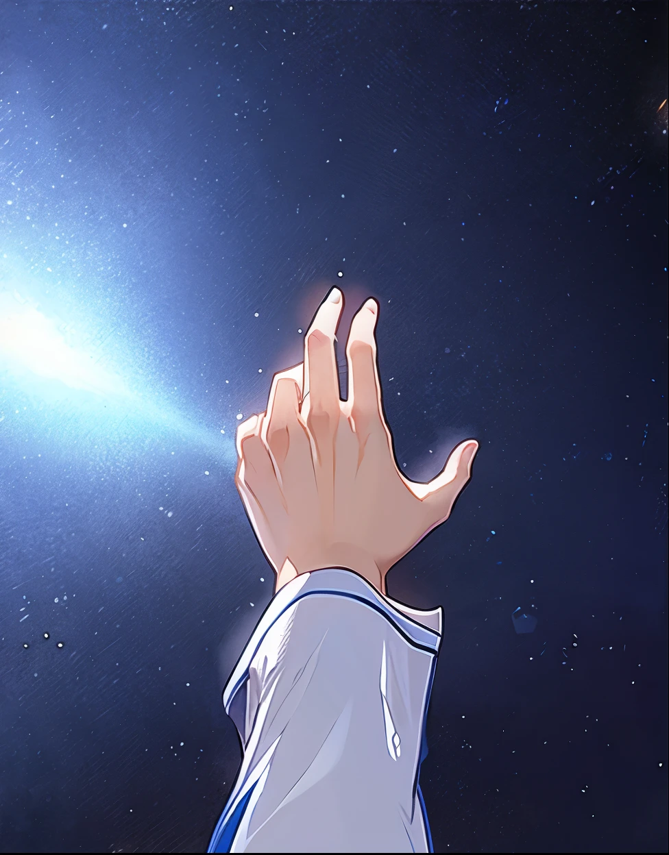 anime, a person reaching up to the sky with their hand, with index finger, reaching towards the heavens, Colorful image, vivid color, raised hand, ( ( ( yoshinari yoh ) ) ), Colorfull manga, 4 k manga wallpaper, hands reaching for her, heavy gesture style closeup,