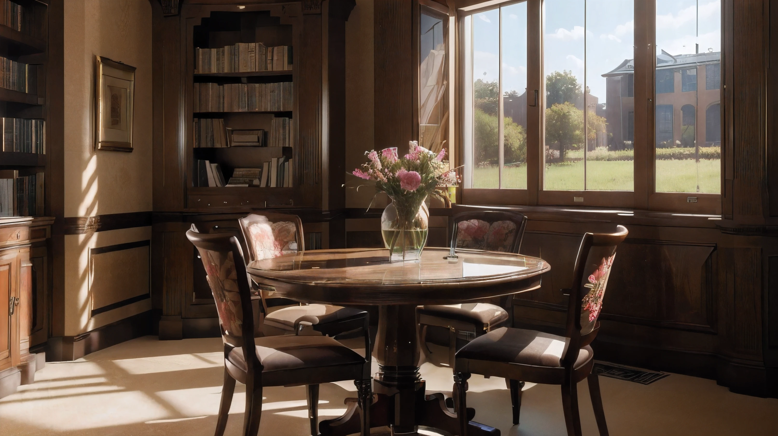 (Mejor calidad, high resolution, ultra detallado, realista, photorealista:1.37), ultra elegante, Limpio, con flores, sillas elegantes, Hermosas ventanas, estilo animado, luz de sol, biblioteca, sin modelos, madera, libros, grass, frutas, simple