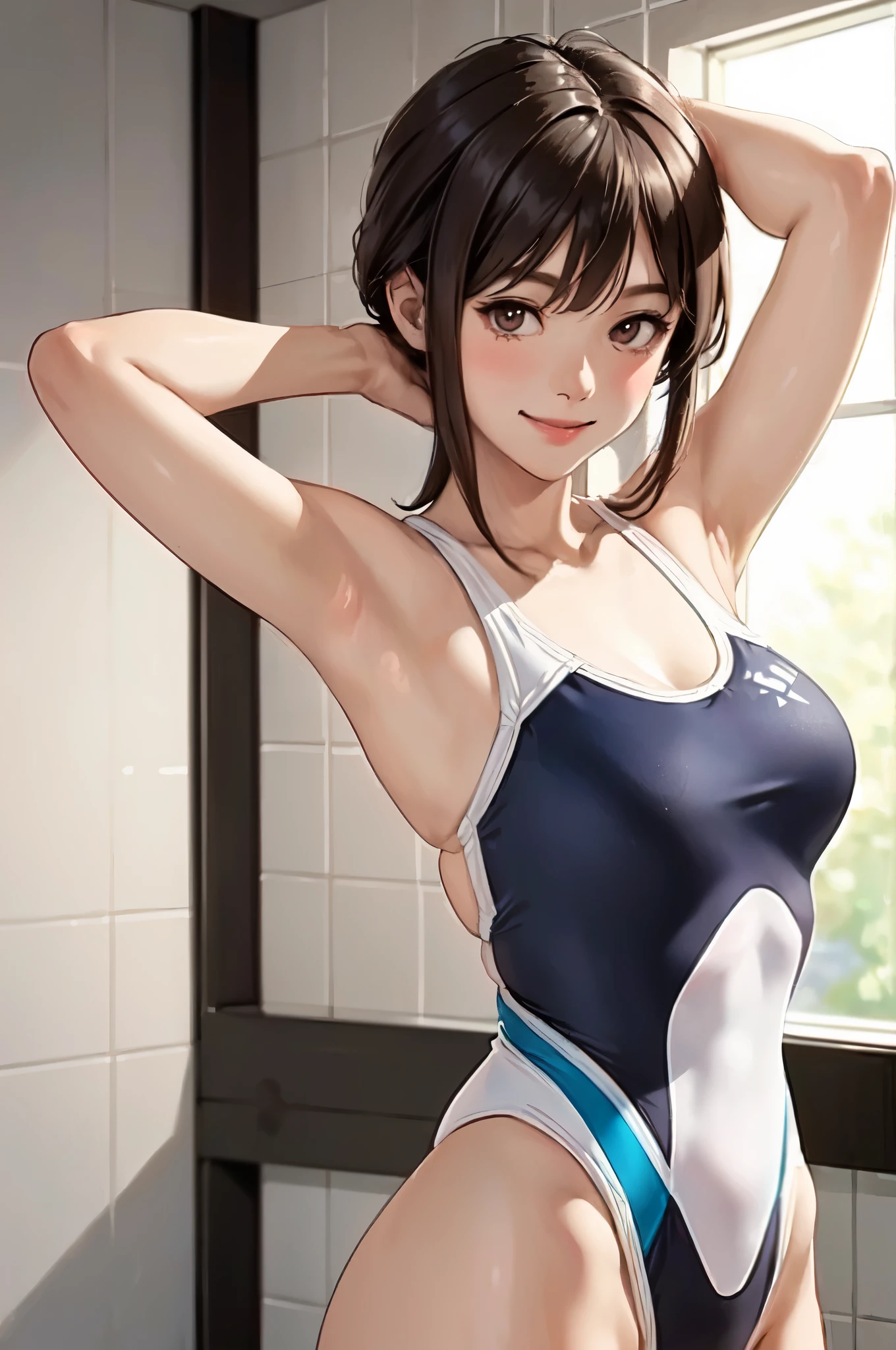 1lady solo, standing, (competition swimsuit:1.2) stylish, mature female, /(dark brown hair/) bangs, blush kind smile, (masterpiece best quality:1.2) delicate illustration ultra-detailed, (arms up) (hands behind head) BREAK (shower room) indoors, simple wall, tile floor