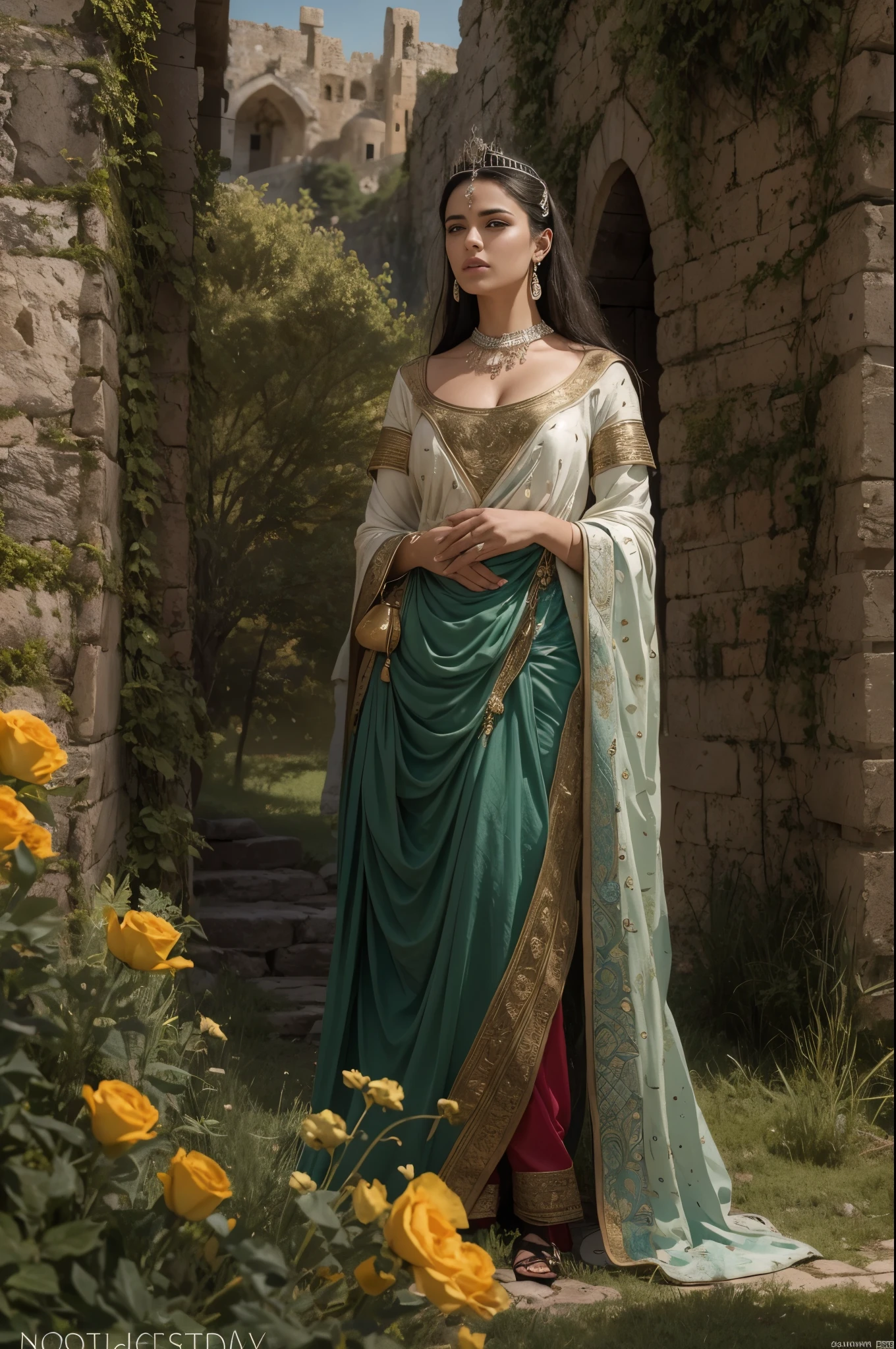 Masterpiece, Envision Constance of Antioch, a 18 years old rebel princess in 1145, standing defiantly in the lush gardens of her palace in Antioch, amidst the turbulence of the medieval Christian realm of Jerusalem. Her beauty shines like a beacon of hope against the backdrop of rough stone walls, a testament to the resilience and complexity of her character. Around her, the vivid colors of the flowers contrast starkly with the harsh realities of her time. She is dressed in a rich, flowing gown that whispers tales of royal lineage and rebellion, her gaze fixed on the horizon, a symbol of her unyielding spirit. This scene captures the essence of a woman who was both a beacon of grace and a warrior of her era, embodying the stark contrasts of beauty and strength, delicacy, and determination that marked the lives of those in the medieval Christian kingdoms.", 16K, ultra high res.photorealistic, UHD, RAW